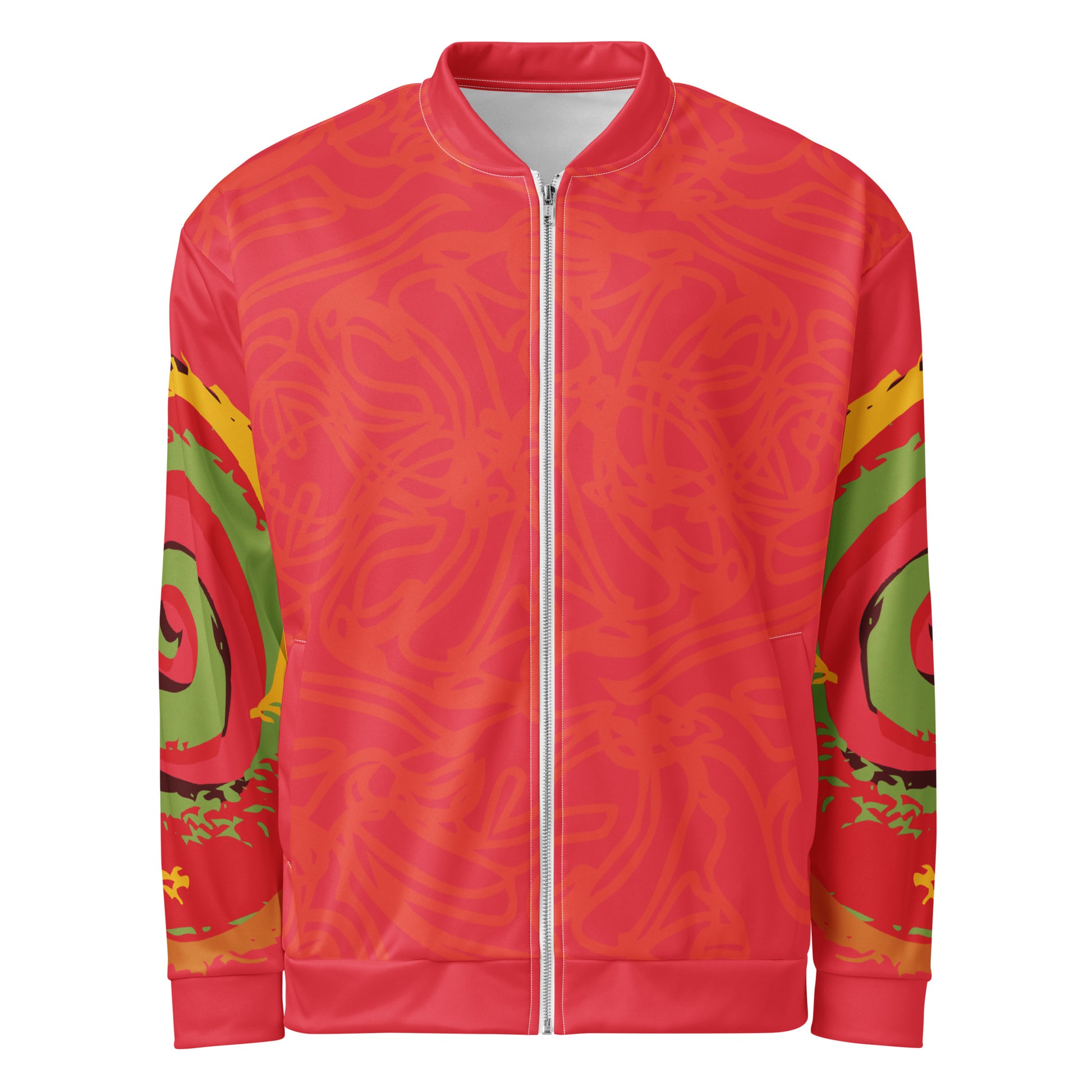Red bomber jacket with vibrant swirl sleeve details and mirrored face design on the back, inspired by cultural art and bold self-expression.