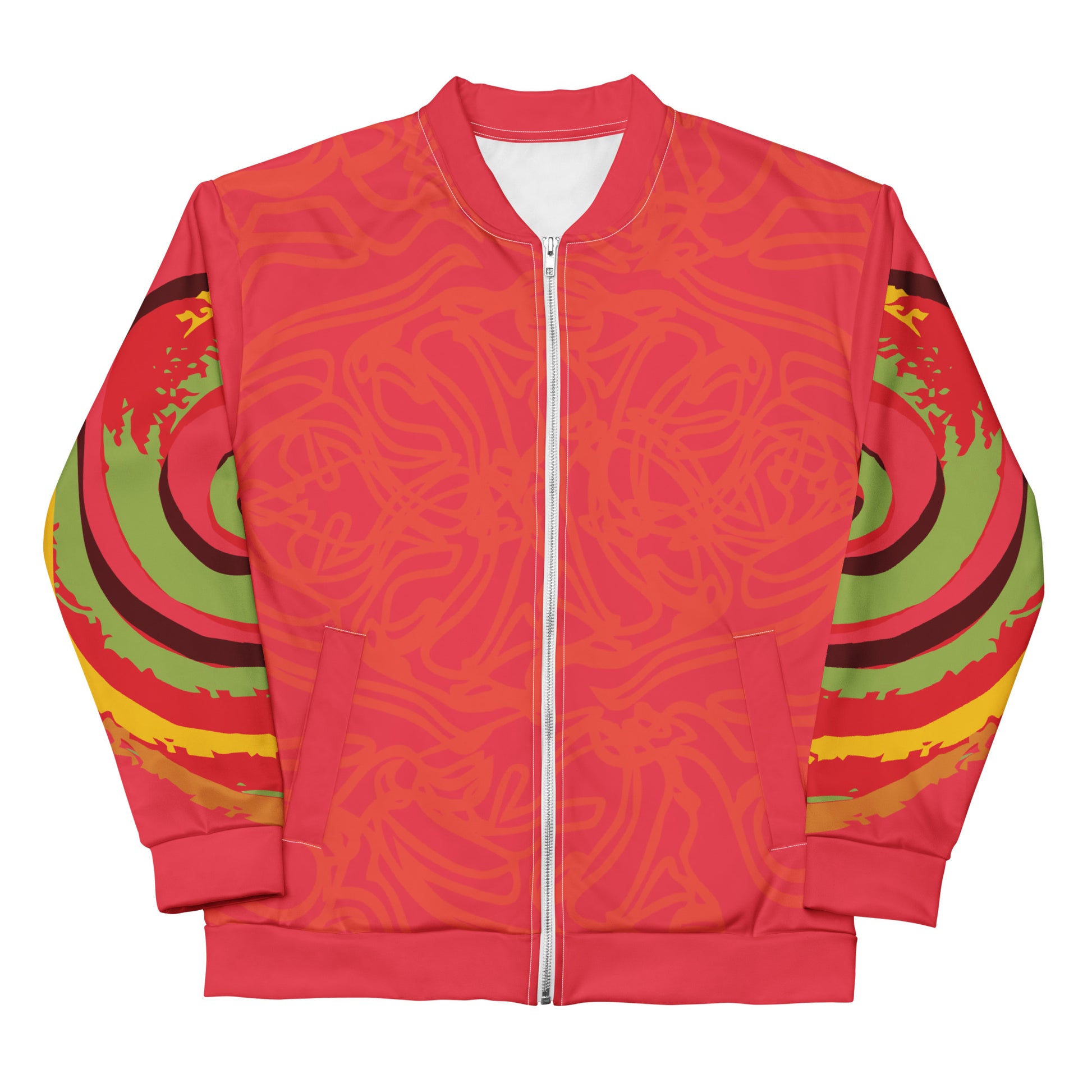 Red bomber jacket with vibrant swirl sleeve details and mirrored face design on the back, inspired by cultural art and bold self-expression.