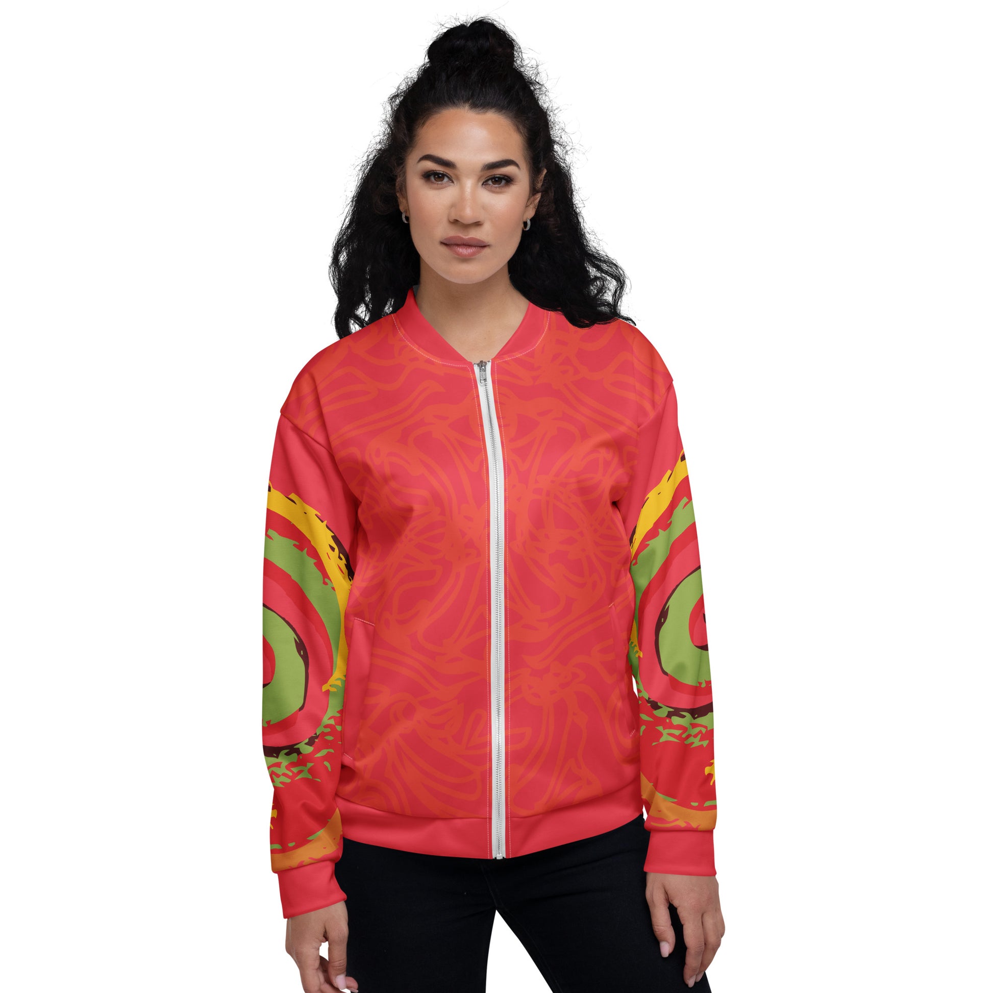 Red bomber jacket with vibrant swirl sleeve details and mirrored face design on the back, inspired by cultural art and bold self-expression.