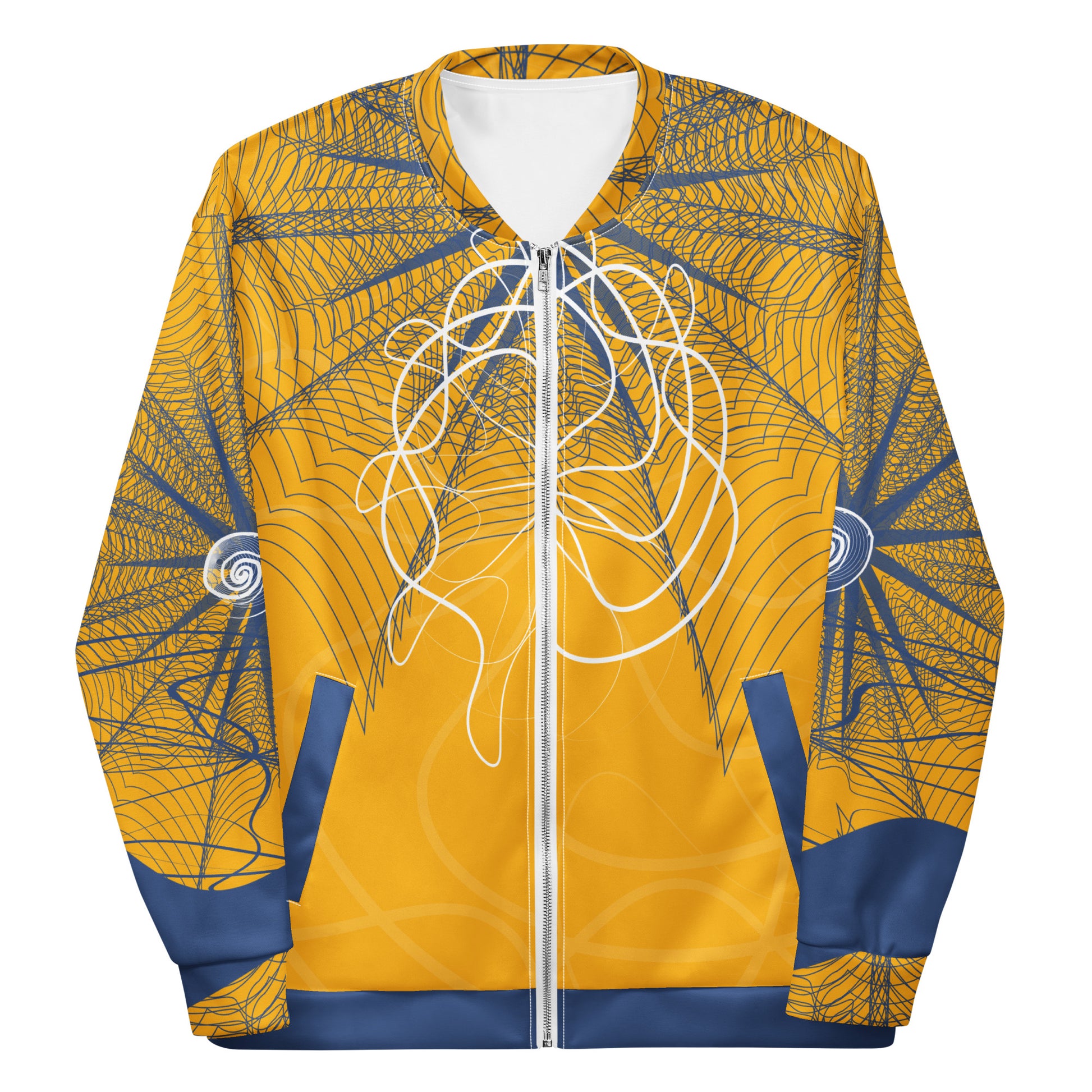 Front view of a golden yellow bomber jacket featuring navy geometric linework and flowing white abstract patterns, blending streetwear style with hand-drawn artistic energy.