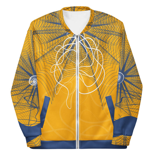 Front view of a golden yellow bomber jacket featuring navy geometric linework and flowing white abstract patterns, blending streetwear style with hand-drawn artistic energy.