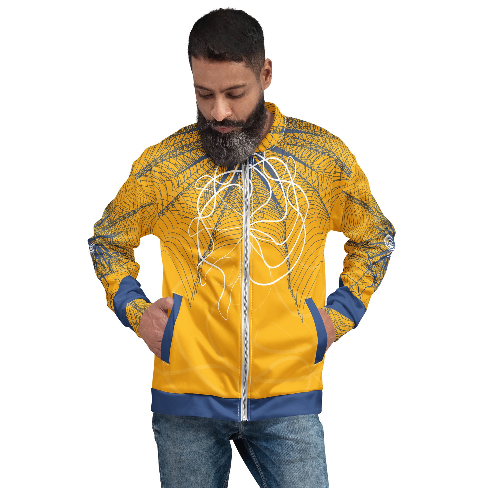 Front view of a golden yellow bomber jacket featuring navy geometric linework and flowing white abstract patterns, blending streetwear style with hand-drawn artistic energy.