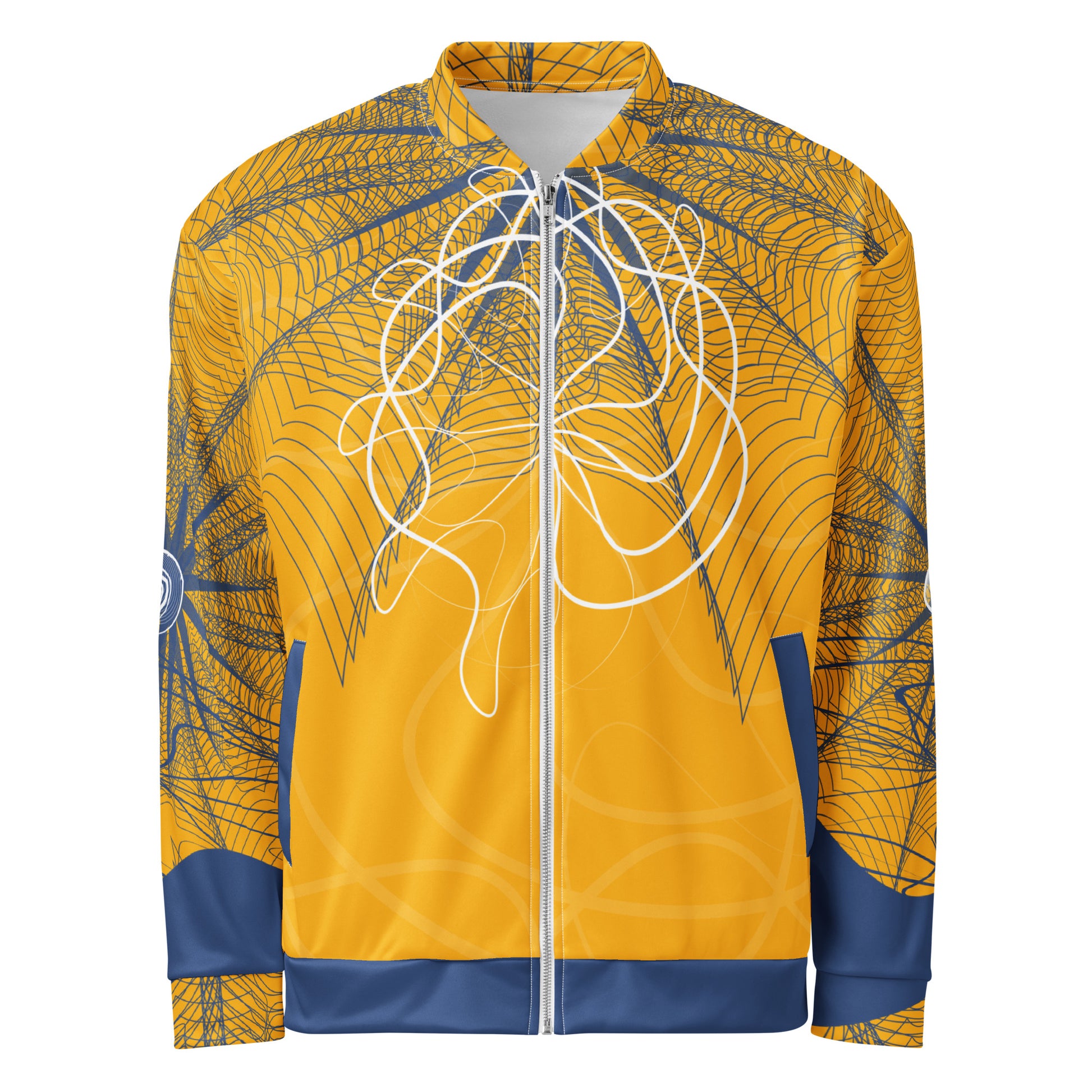 Front view of a golden yellow bomber jacket featuring navy geometric linework and flowing white abstract patterns, blending streetwear style with hand-drawn artistic energy.