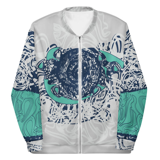 Unisex bomber jacket with full-body abstract print in navy and jade, featuring hand-drawn mirrored faces and layered spiral motifs—designed for standout individuality.