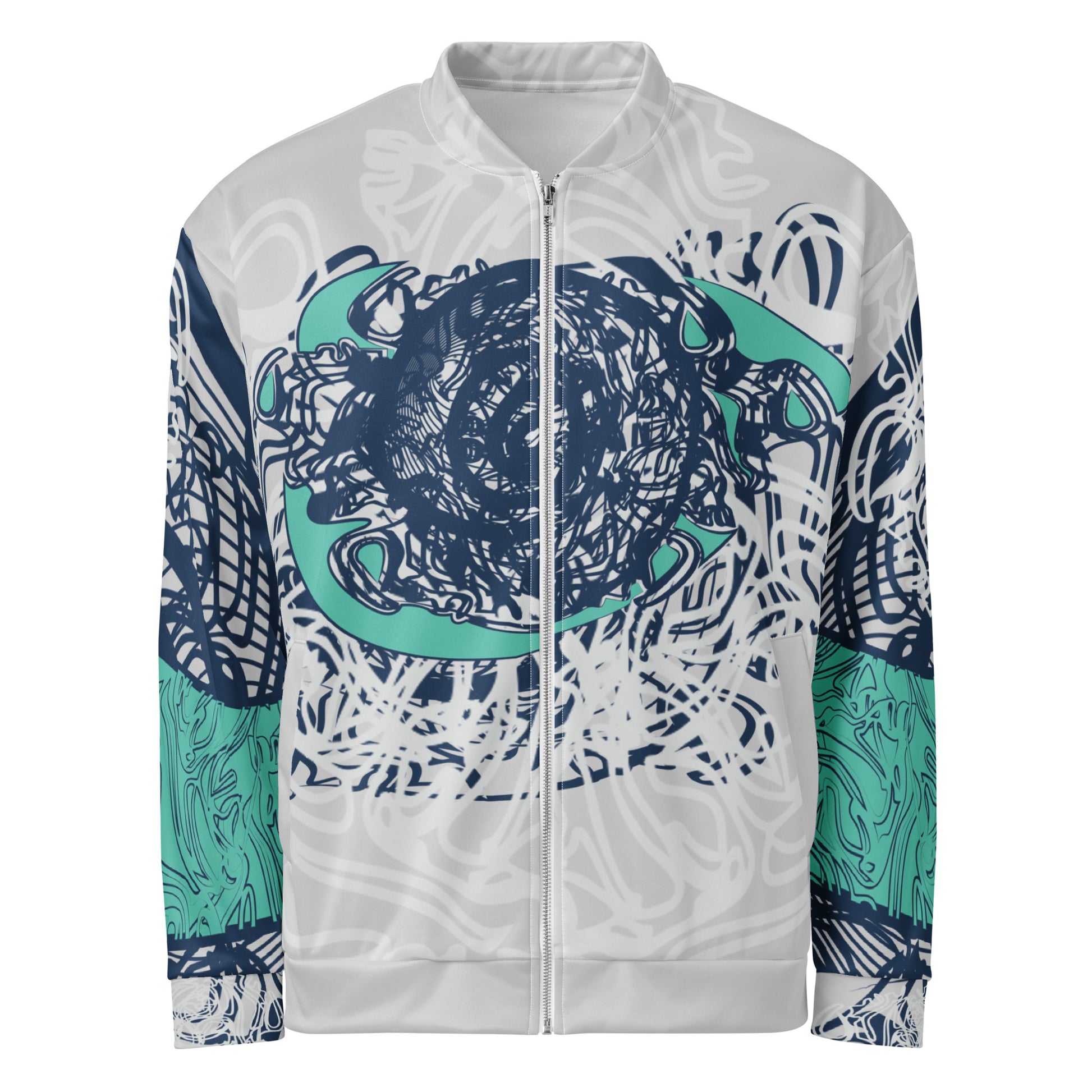 Unisex bomber jacket with full-body abstract print in navy and jade, featuring hand-drawn mirrored faces and layered spiral motifs—designed for standout individuality.