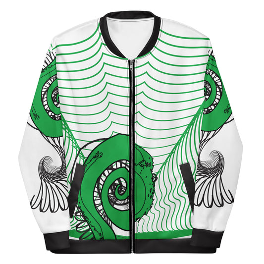 Hand-illustrated unisex bomber jacket featuring bold green spirals and a drawing of two mirrored faces — designed for fearless self-expression and rooted in global artistic influence, exclusive to KLOE.