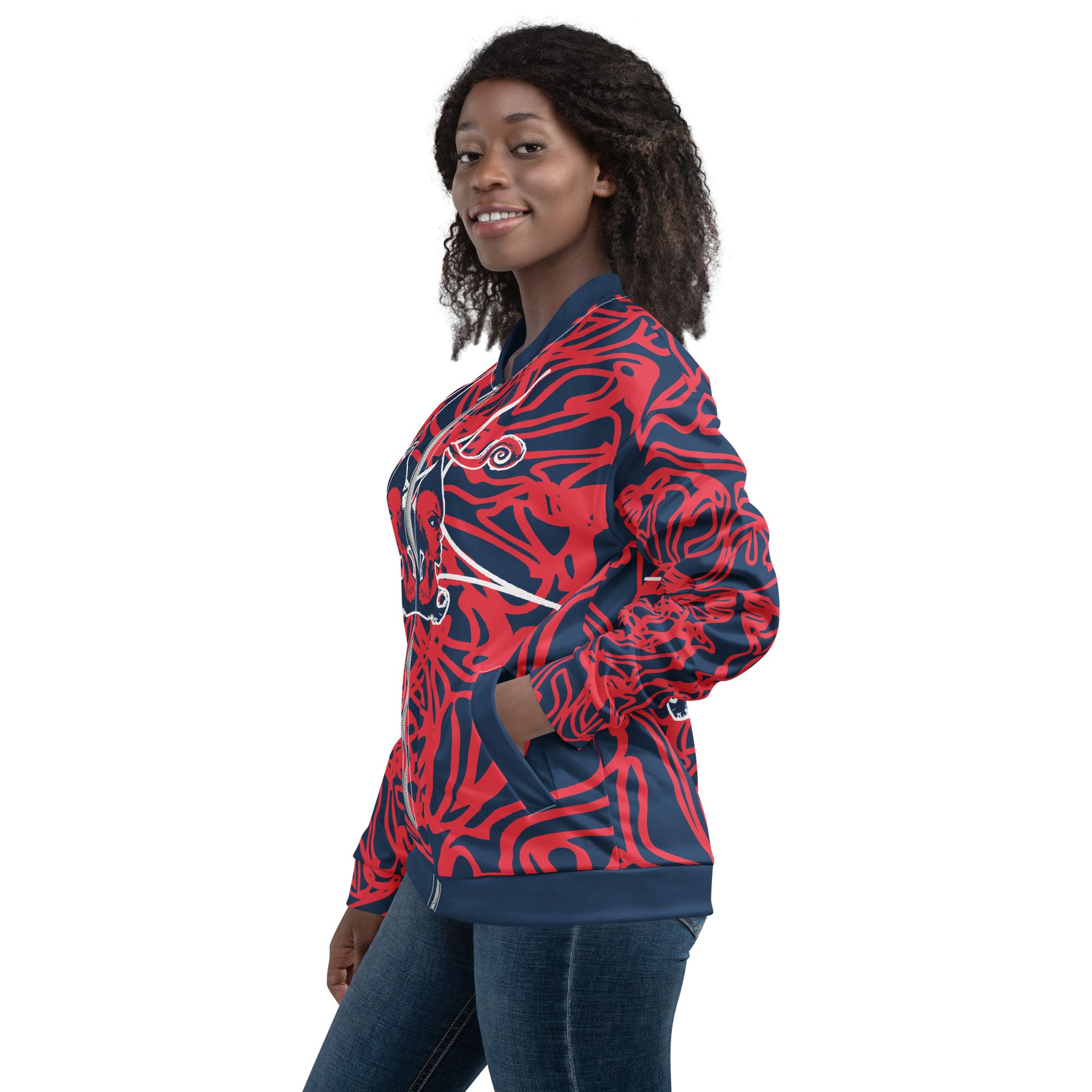 Bold navy and red streetwear bomber jacket featuring hand-drawn tribal patterns and mirrored face design, culturally inspired and crafted for a modern, edgy look – KLOE fashion.