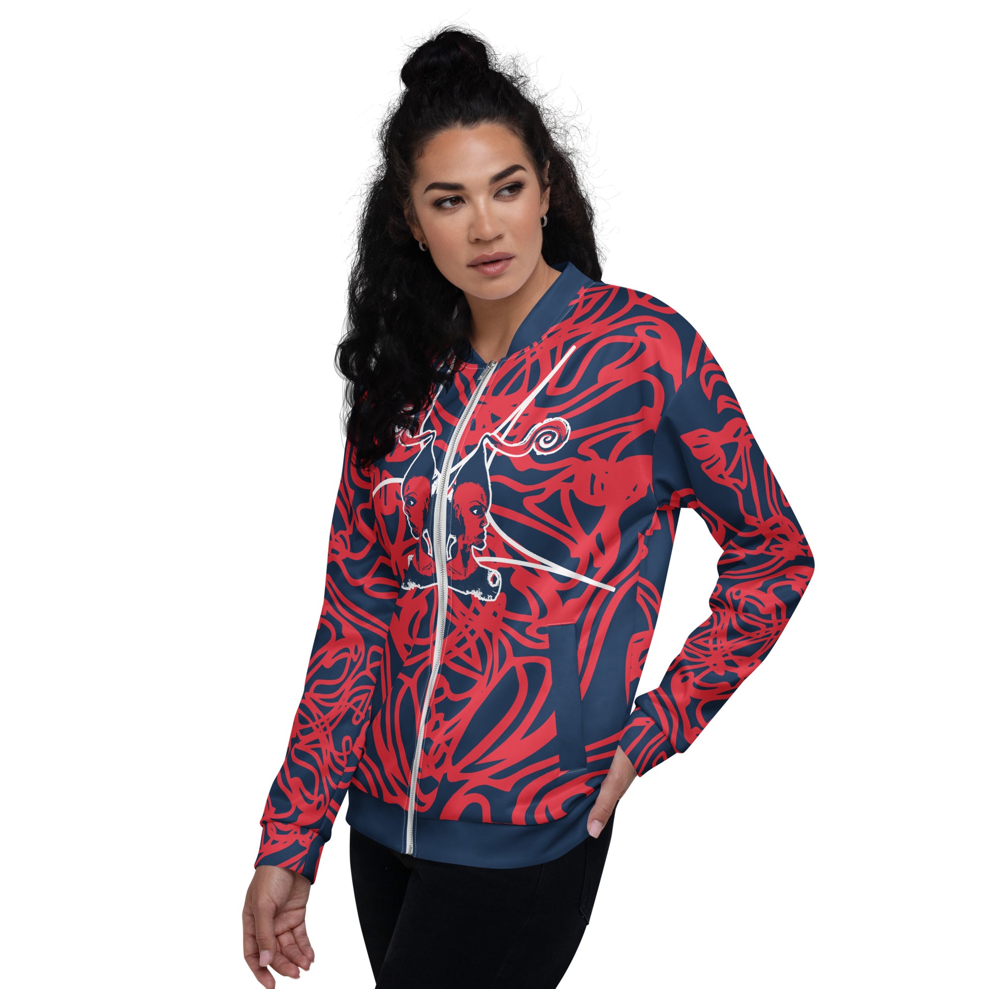 Bold navy and red streetwear bomber jacket featuring hand-drawn tribal patterns and mirrored face design, culturally inspired and crafted for a modern, edgy look – KLOE fashion.