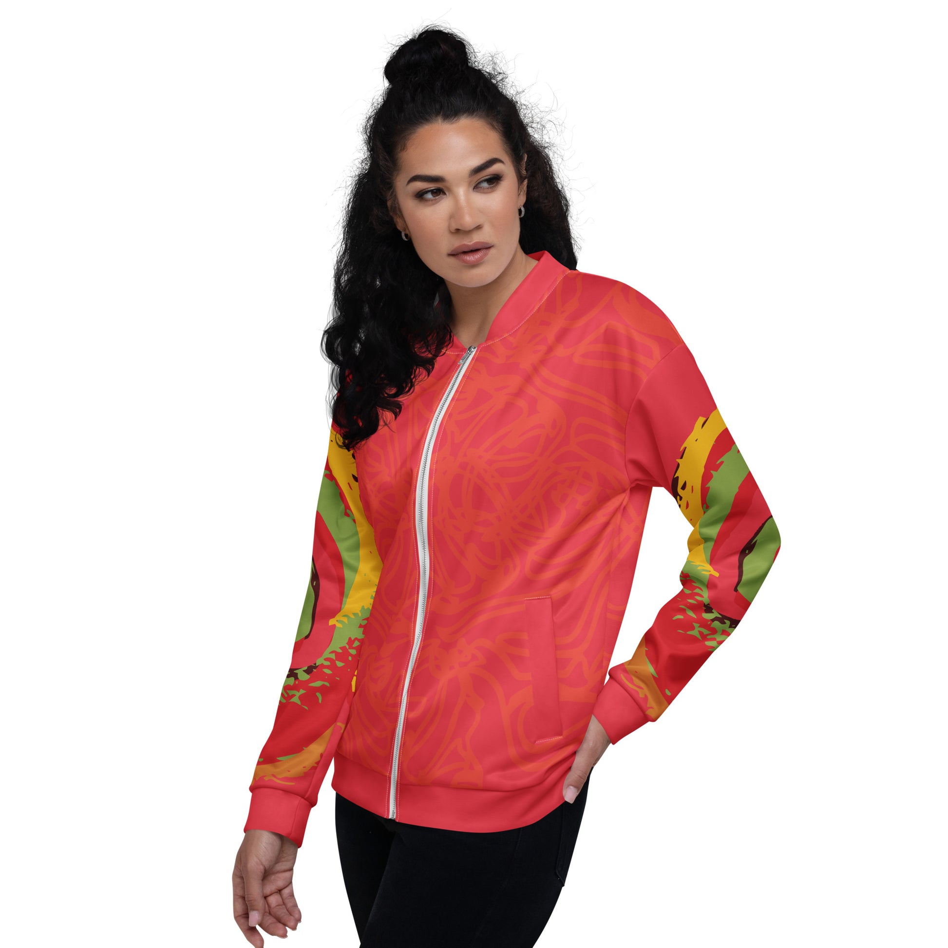 Red bomber jacket with vibrant swirl sleeve details and mirrored face design on the back, inspired by cultural art and bold self-expression.
