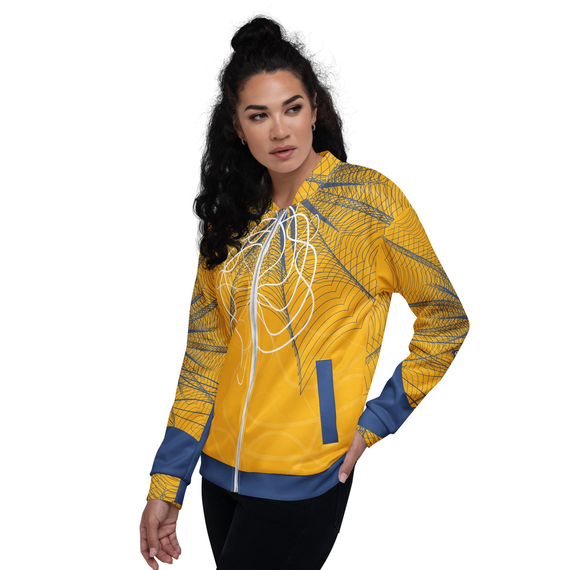 Front view of a golden yellow bomber jacket featuring navy geometric linework and flowing white abstract patterns, blending streetwear style with hand-drawn artistic energy.