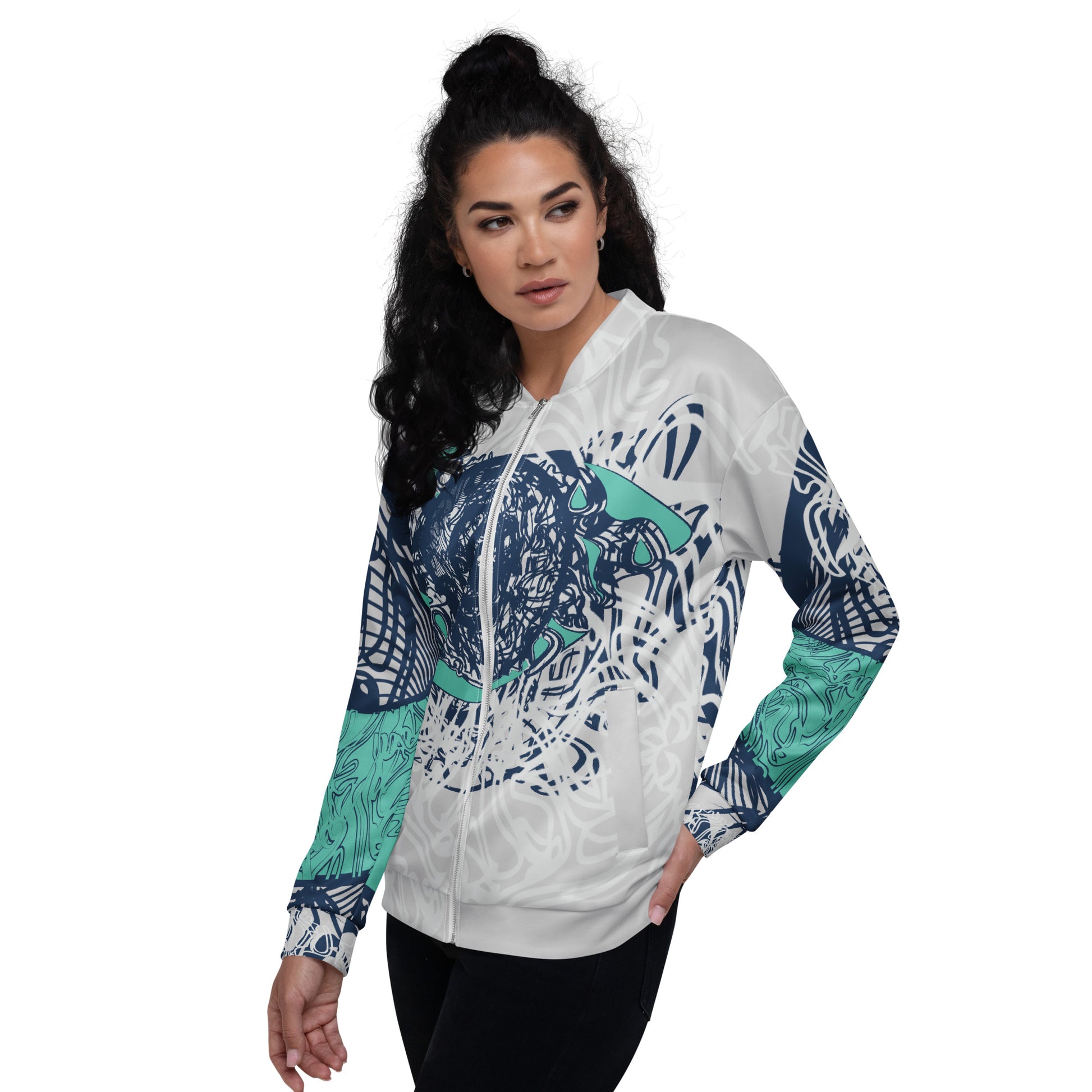 Unisex bomber jacket with full-body abstract print in navy and jade, featuring hand-drawn mirrored faces and layered spiral motifs—designed for standout individuality.