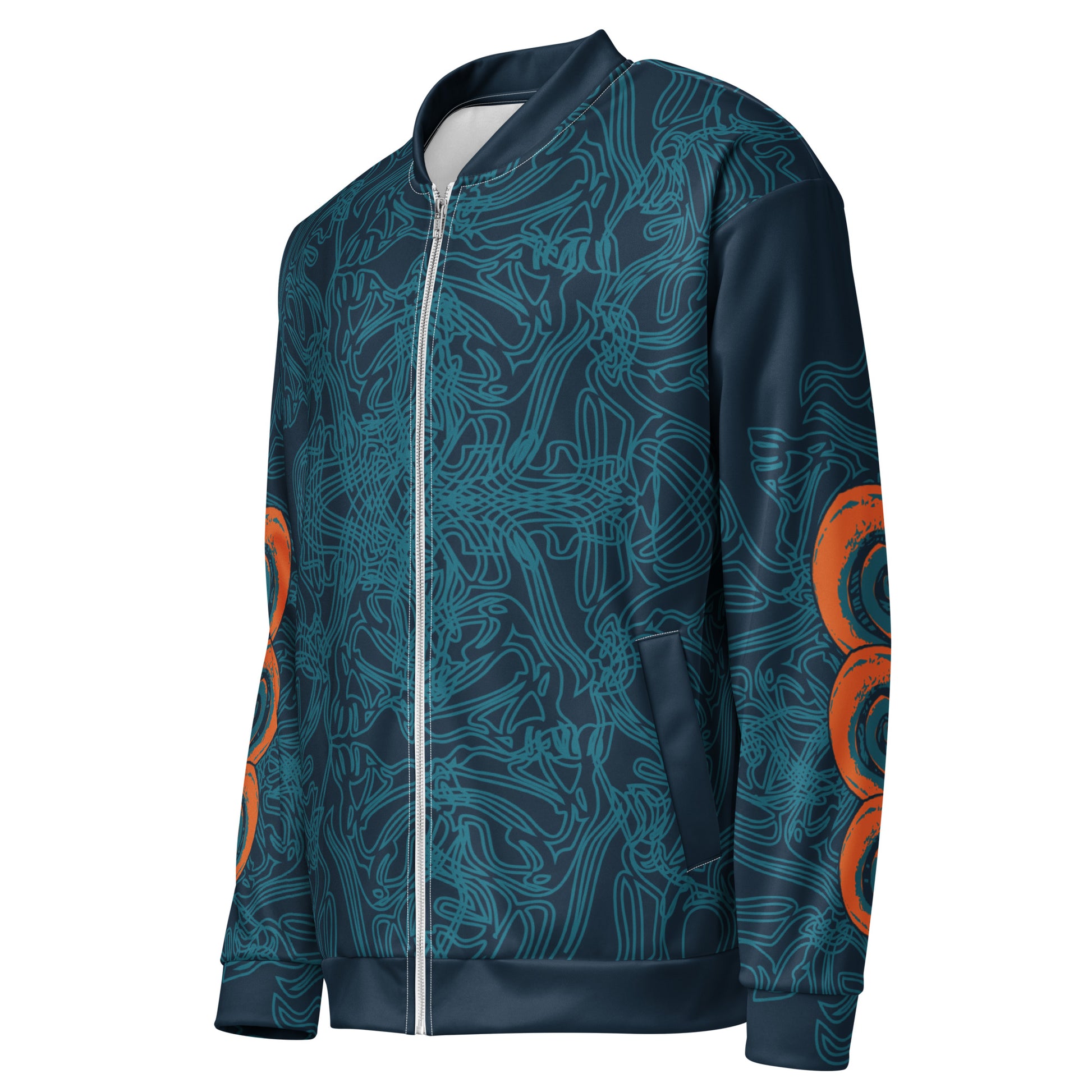 Side view of a navy blue bomber jacket with intricate cyan patterns, orange circular sleeve accents, and a zip-up closure.