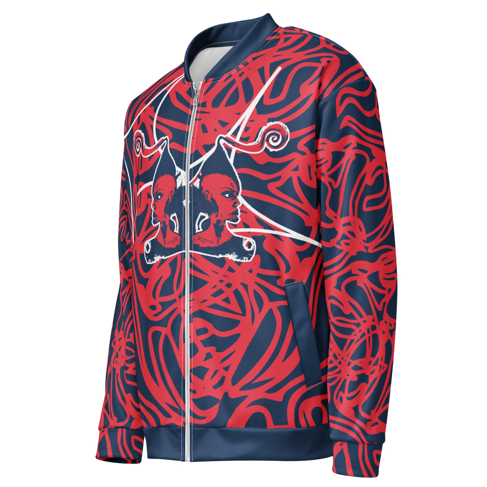 Bold navy and red streetwear bomber jacket featuring hand-drawn tribal patterns and mirrored face design, culturally inspired and crafted for a modern, edgy look – KLOE fashion.