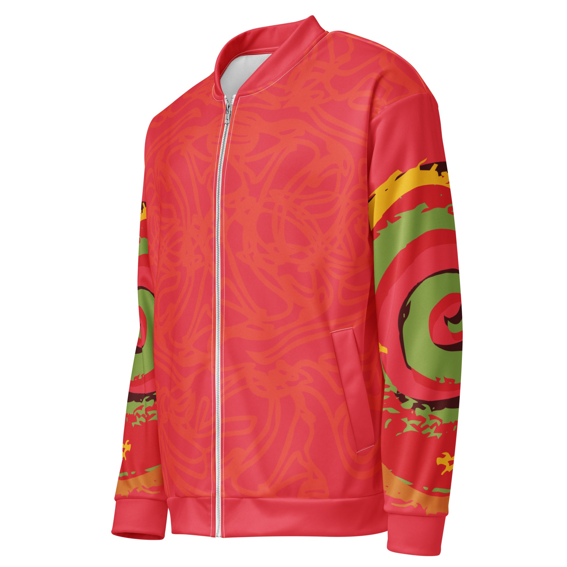 Red bomber jacket with vibrant swirl sleeve details and mirrored face design on the back, inspired by cultural art and bold self-expression.