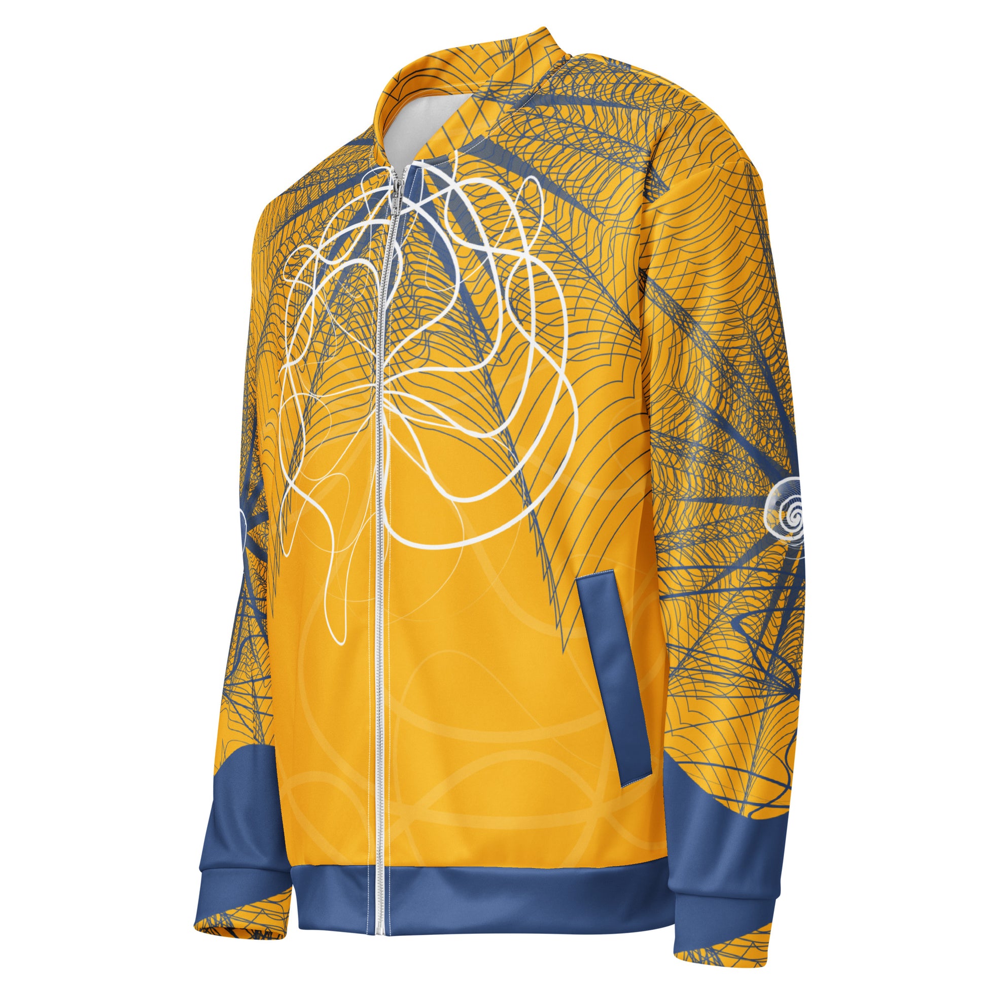 Front view of a golden yellow bomber jacket featuring navy geometric linework and flowing white abstract patterns, blending streetwear style with hand-drawn artistic energy.