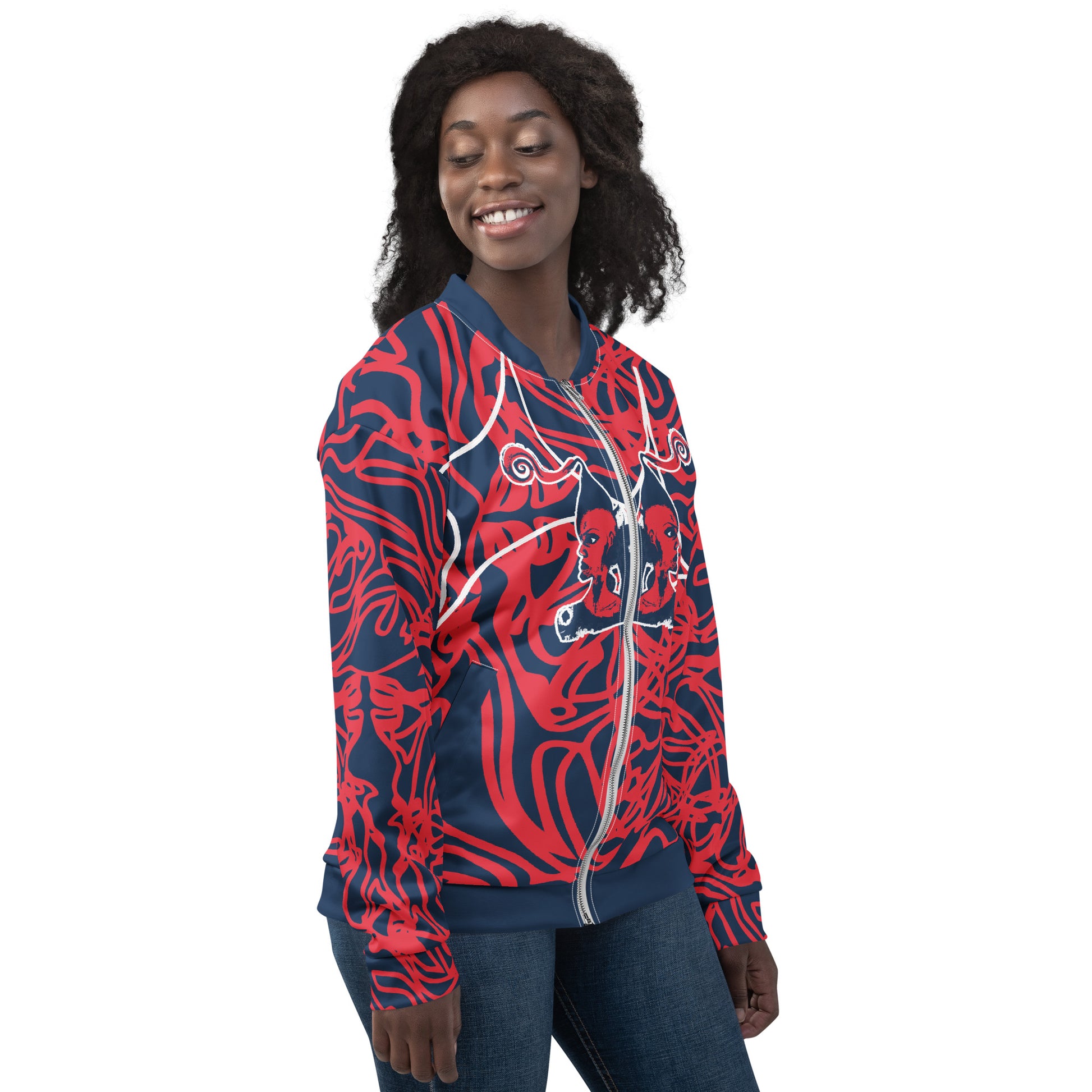 Bold navy and red streetwear bomber jacket featuring hand-drawn tribal patterns and mirrored face design, culturally inspired and crafted for a modern, edgy look – KLOE fashion.