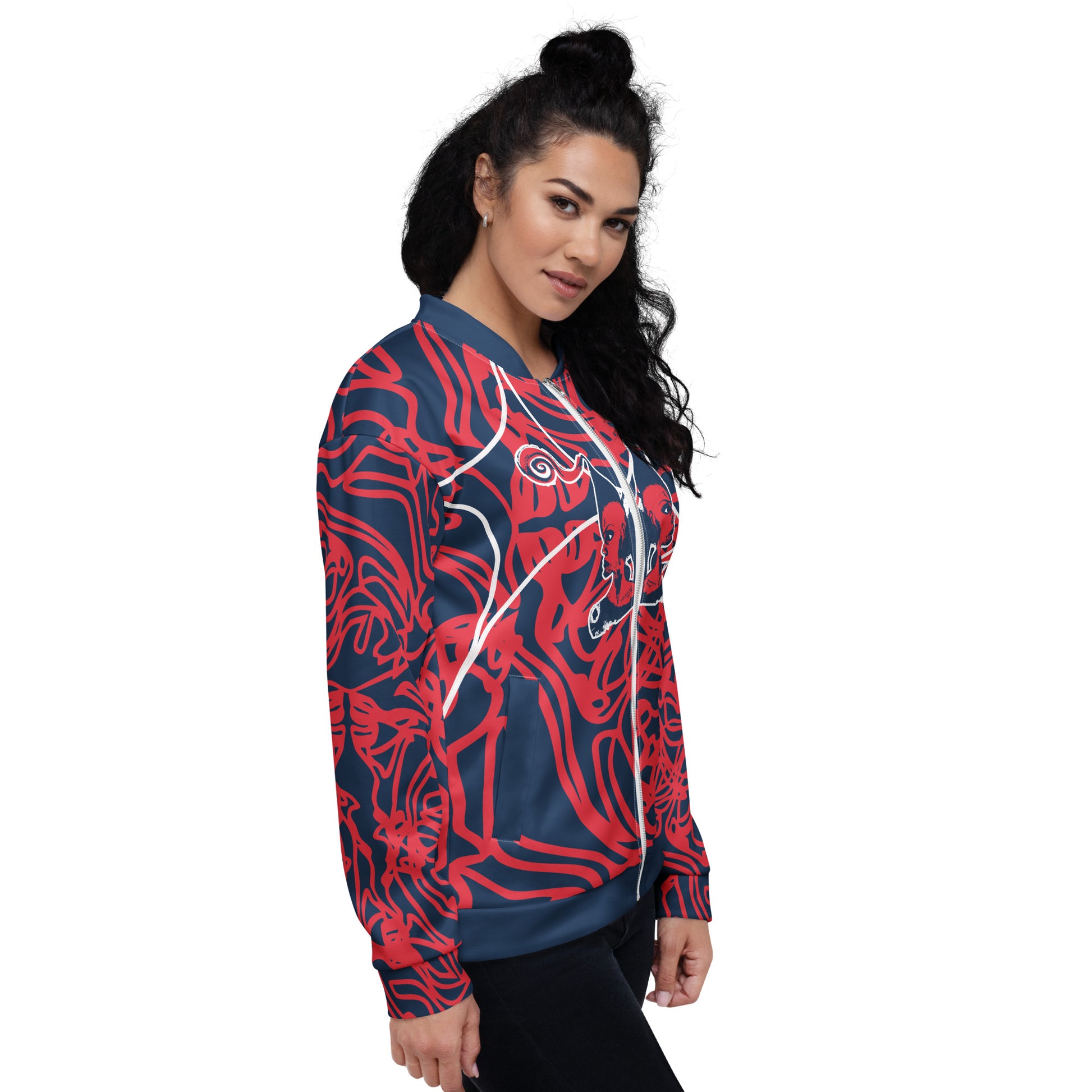 Bold navy and red streetwear bomber jacket featuring hand-drawn tribal patterns and mirrored face design, culturally inspired and crafted for a modern, edgy look – KLOE fashion.