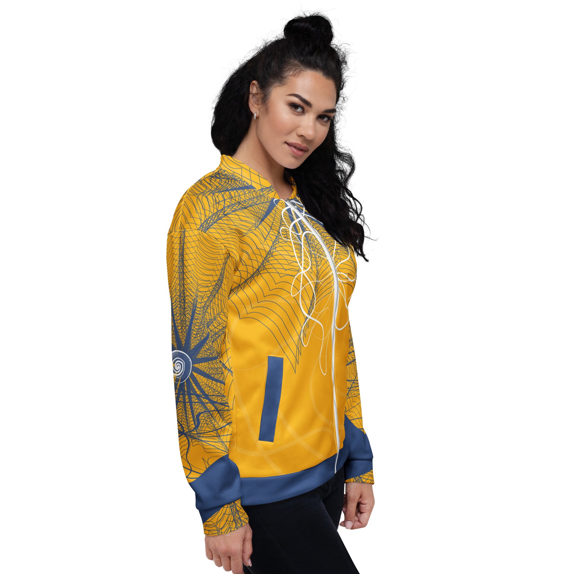 Front view of a golden yellow bomber jacket featuring navy geometric linework and flowing white abstract patterns, blending streetwear style with hand-drawn artistic energy.