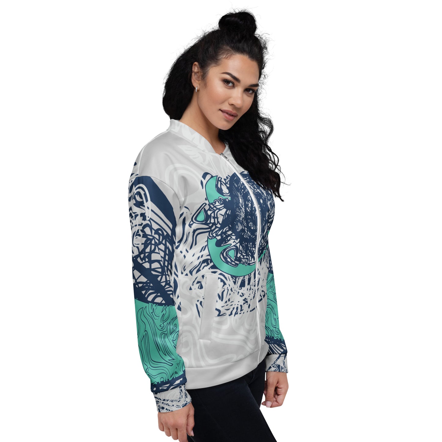 Unisex bomber jacket with full-body abstract print in navy and jade, featuring hand-drawn mirrored faces and layered spiral motifs—designed for standout individuality.
