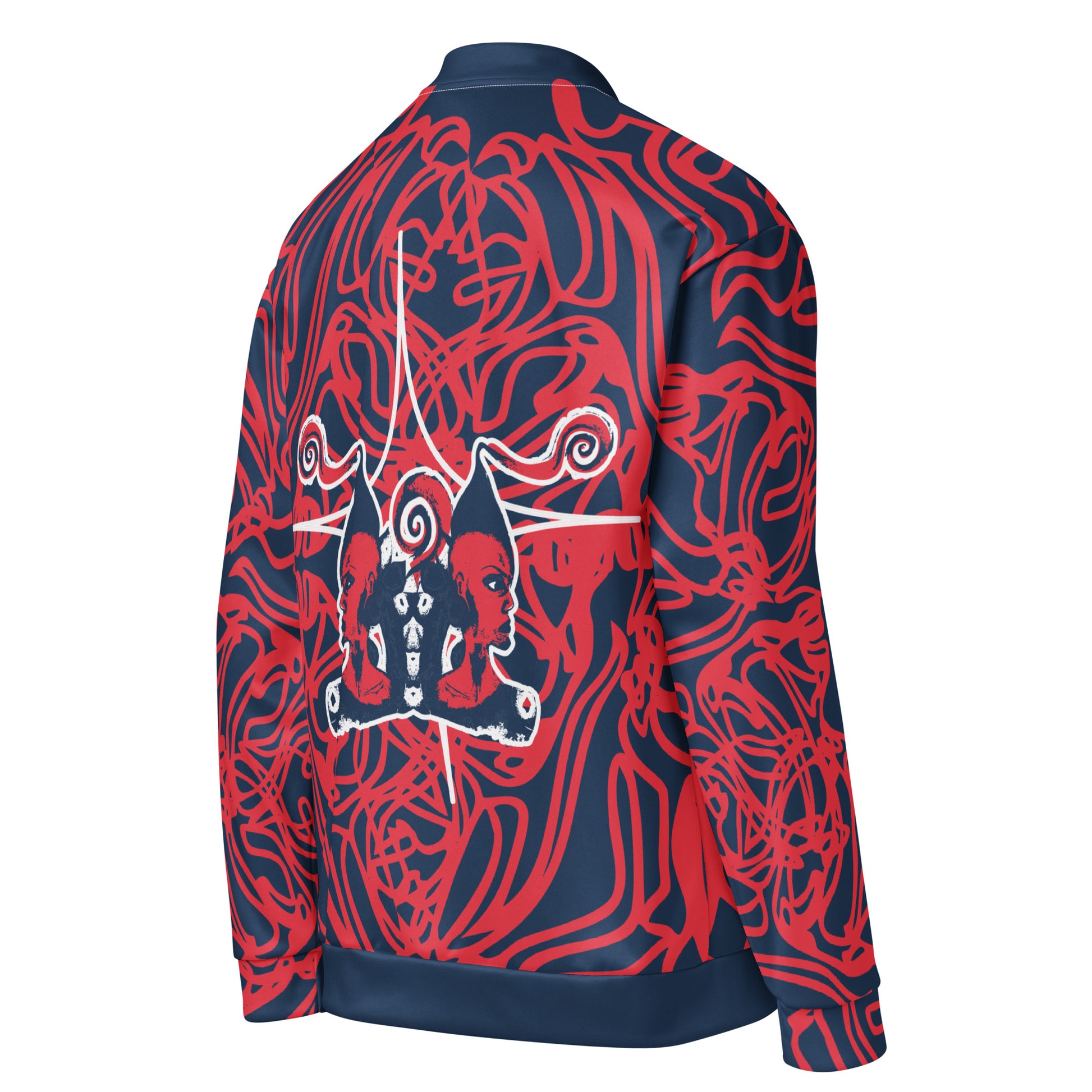 Bold navy and red streetwear bomber jacket featuring hand-drawn tribal patterns and mirrored face design, culturally inspired and crafted for a modern, edgy look – KLOE fashion.