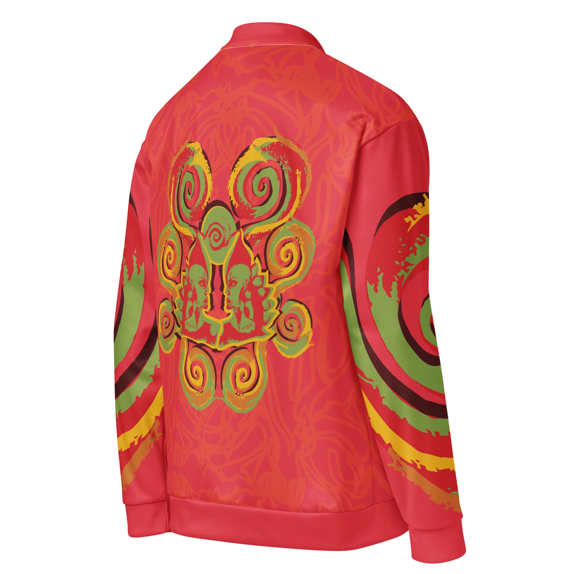 Red bomber jacket with vibrant swirl sleeve details and mirrored face design on the back, inspired by cultural art and bold self-expression.