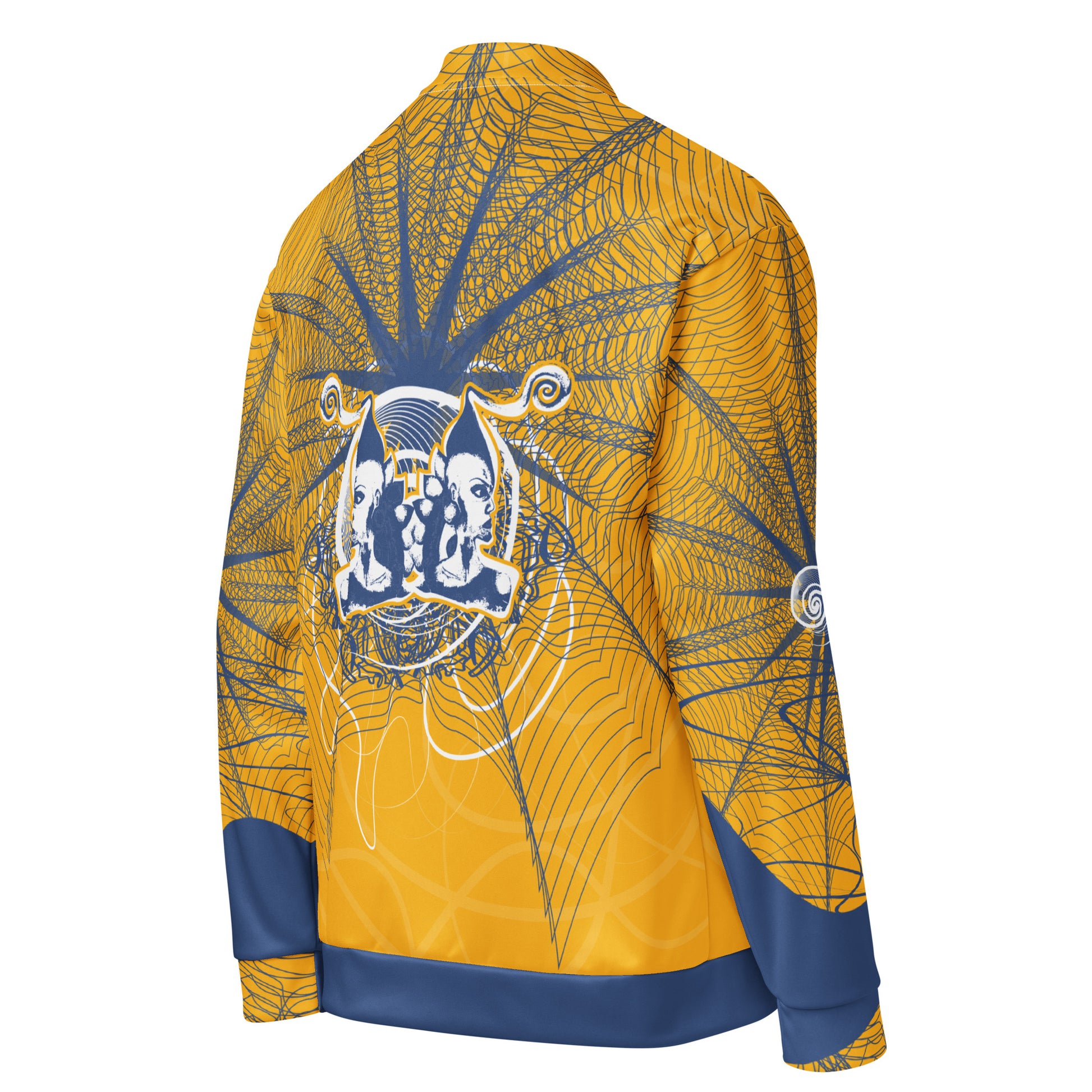 Back view of a golden yellow bomber jacket with intricate navy line art and a mirrored face emblem, combining bold cultural visuals with modern streetwear from the Secret Chambers of I and I collection.
