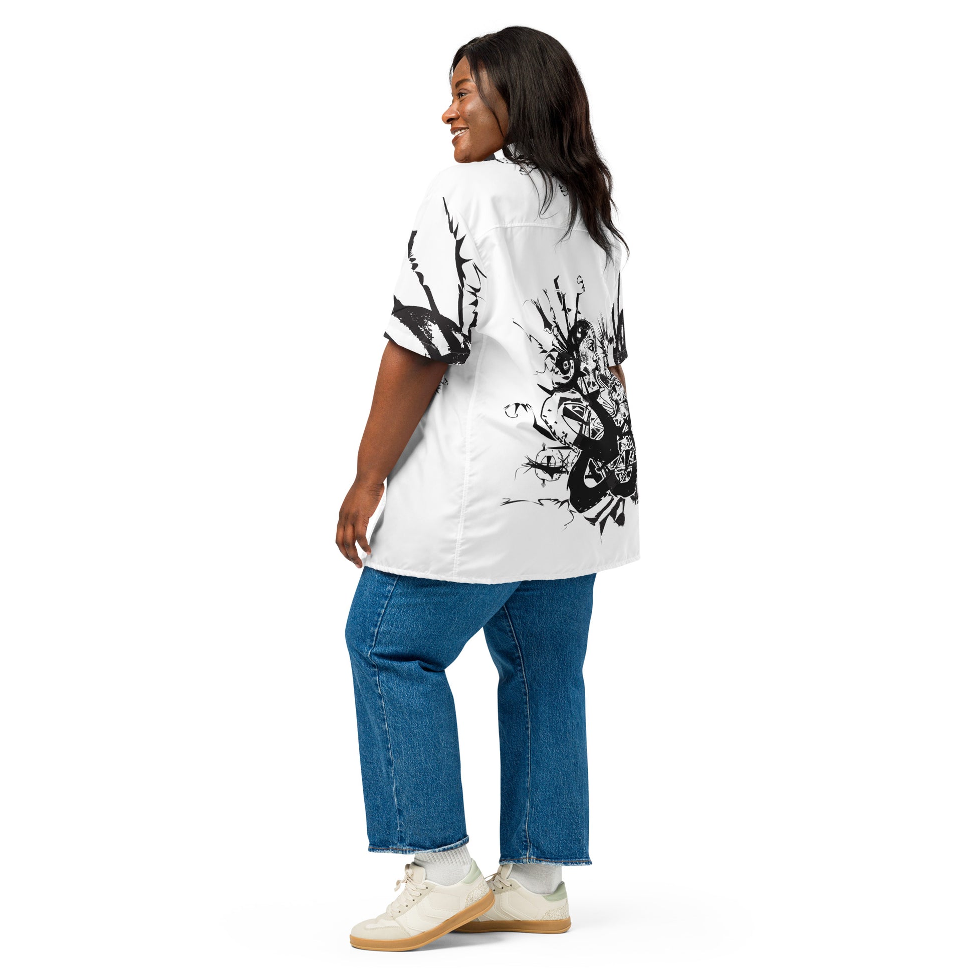 Back view of all-over print unisex button shirt by K.L.O.E showcasing intricate black hand-drawn illustration of two abstract faces intertwined with organic shapes and cultural motifs—celebrating artistic expression, identity, and evolution.