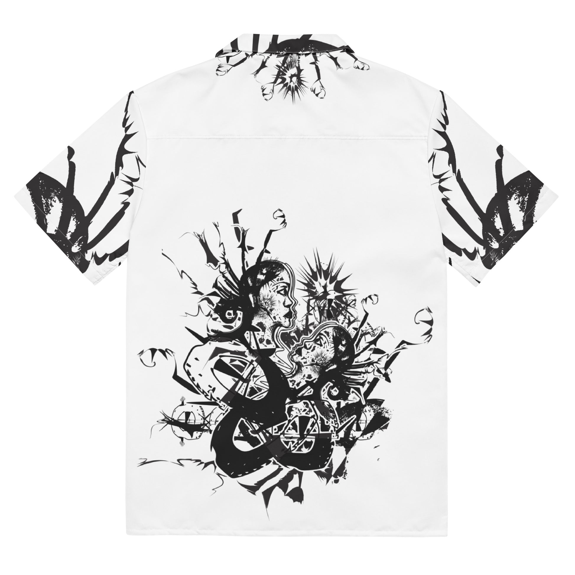 Back view of all-over print unisex button shirt by K.L.O.E showcasing intricate black hand-drawn illustration of two abstract faces intertwined with organic shapes and cultural motifs—celebrating artistic expression, identity, and evolution.