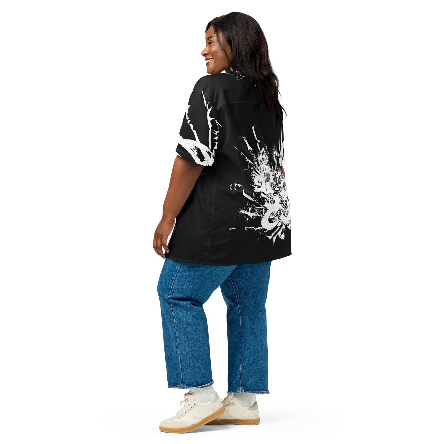 Back view of all-over print unisex button shirt by K.L.O.E showcasing intricate white hand-drawn illustration of two abstract faces intertwined with organic shapes and cultural motifs—celebrating artistic expression, identity, and evolution.