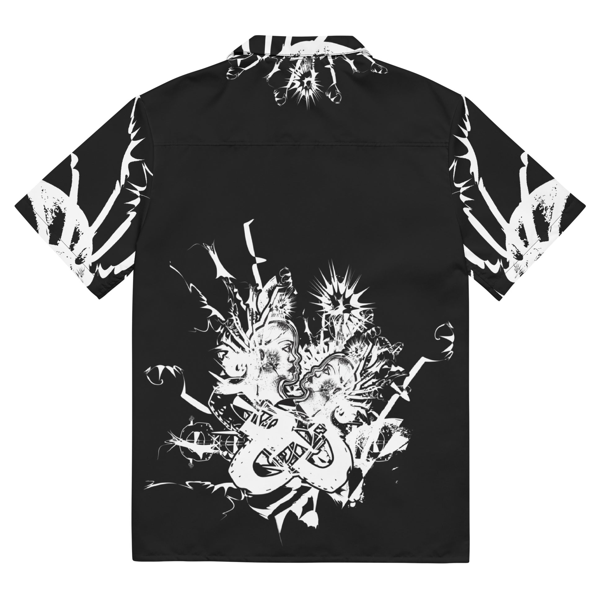 Back view of all-over print unisex button shirt by K.L.O.E showcasing intricate white hand-drawn illustration of two abstract faces intertwined with organic shapes and cultural motifs—celebrating artistic expression, identity, and evolution.