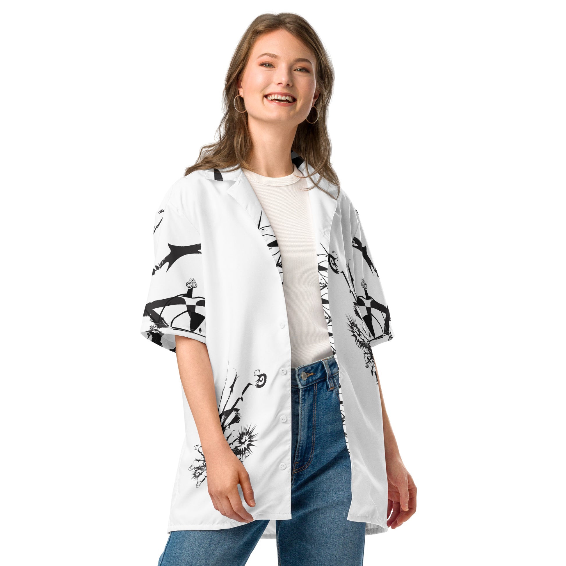 Front view of all-over print unisex button shirt by K.L.O.E featuring black hand-drawn, culturally inspired artwork across the front and sleeves—expressing individuality, transformation, and artistic symbolism through abstract design.