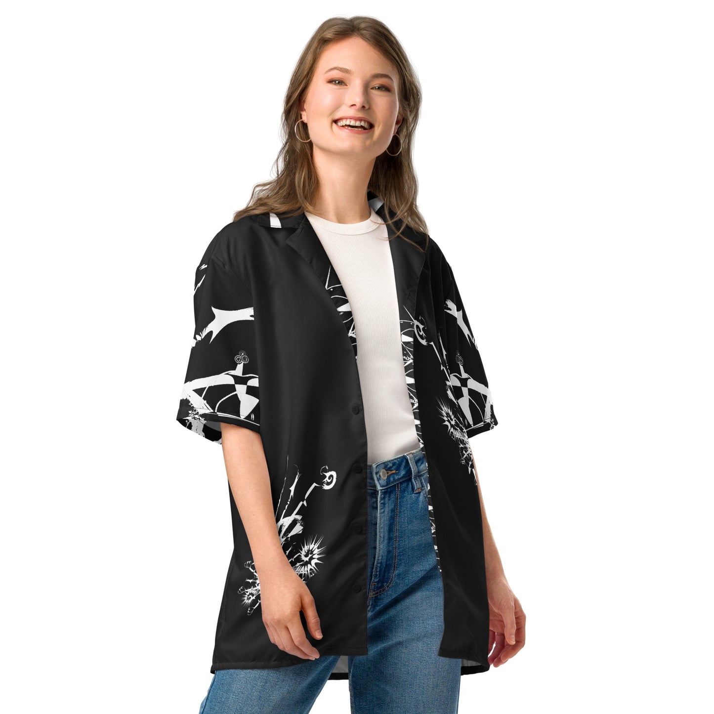 Front view of all-over print unisex button shirt by K.L.O.E featuring white hand-drawn, culturally inspired artwork across the front and sleeves—expressing individuality, transformation, and artistic symbolism through abstract design.