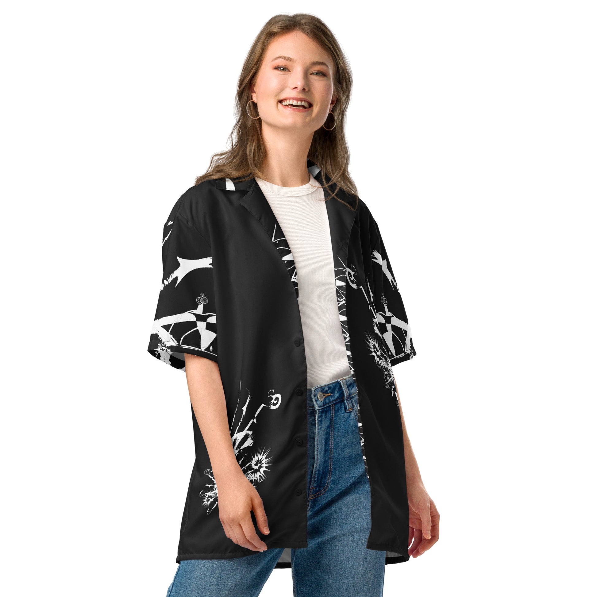 Front view of all-over print unisex button shirt by K.L.O.E featuring white hand-drawn, culturally inspired artwork across the front and sleeves—expressing individuality, transformation, and artistic symbolism through abstract design.