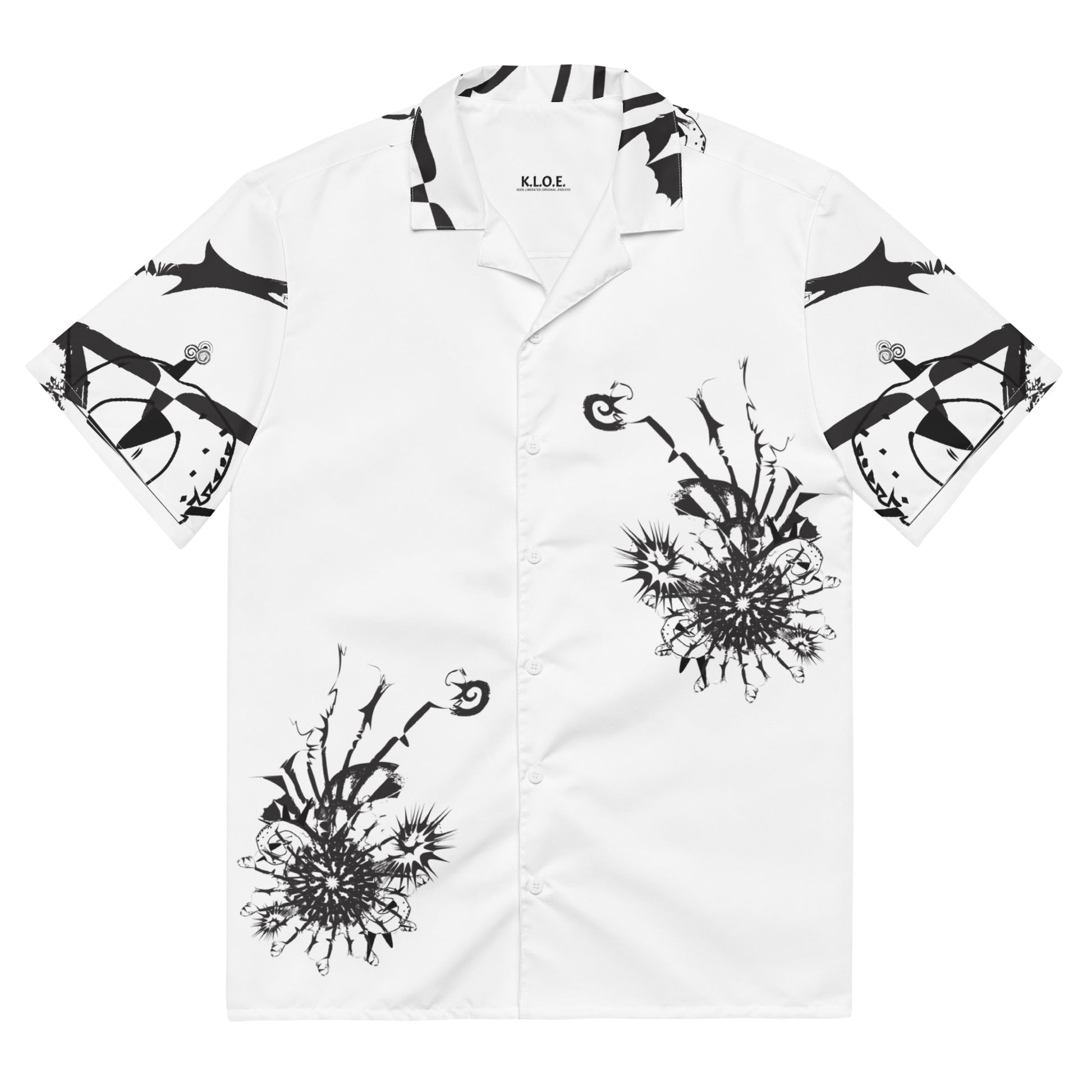 Front view of all-over print unisex button shirt by K.L.O.E featuring black hand-drawn, culturally inspired artwork across the front and sleeves—expressing individuality, transformation, and artistic symbolism through abstract design.