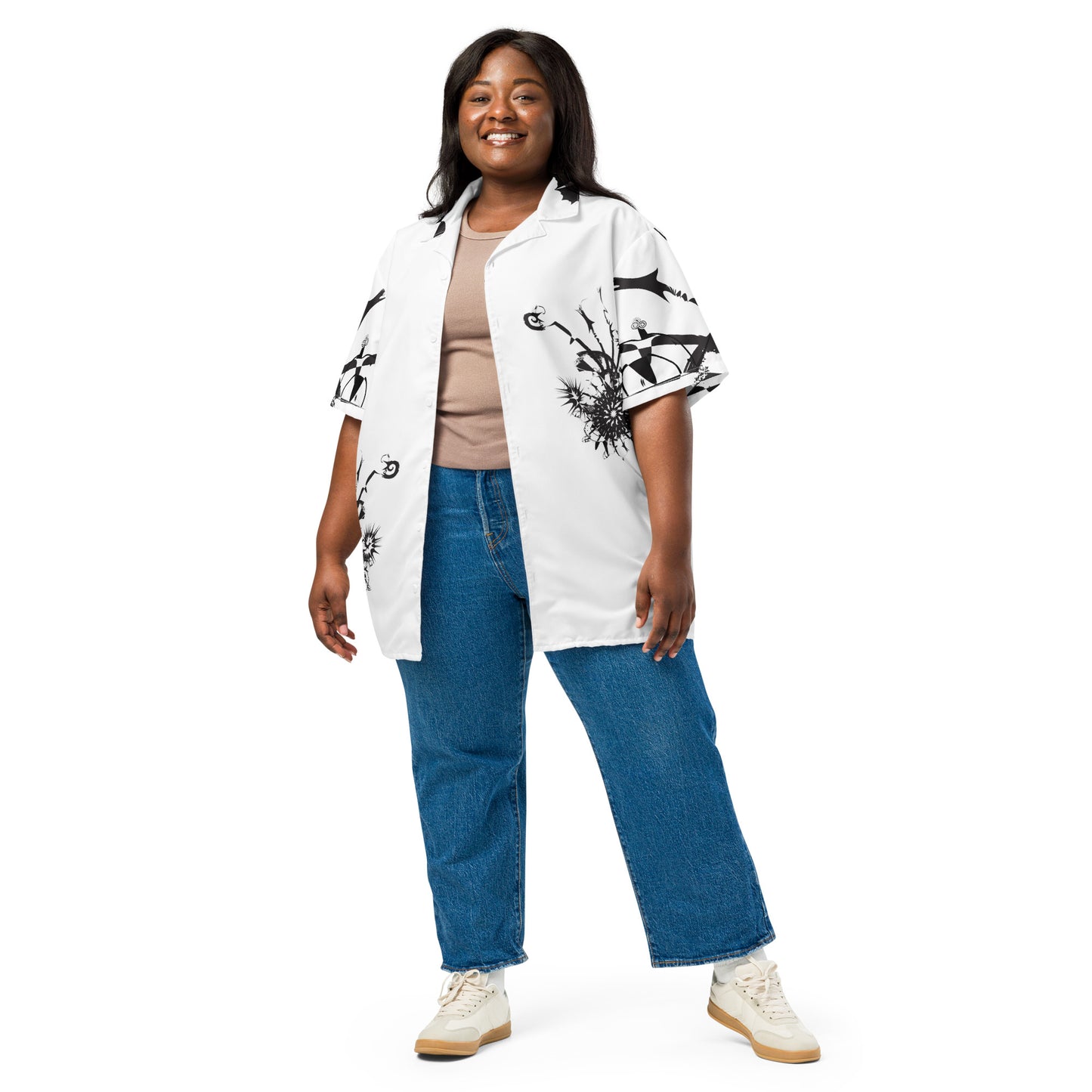 Front view of all-over print unisex button shirt by K.L.O.E featuring black hand-drawn, culturally inspired artwork across the front and sleeves—expressing individuality, transformation, and artistic symbolism through abstract design.