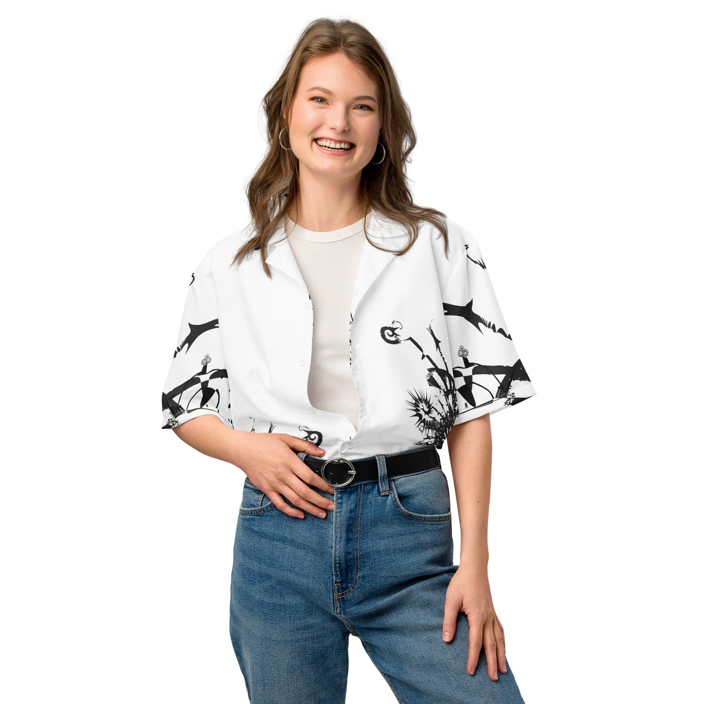 Front view of all-over print unisex button shirt by K.L.O.E featuring black hand-drawn, culturally inspired artwork across the front and sleeves—expressing individuality, transformation, and artistic symbolism through abstract design.