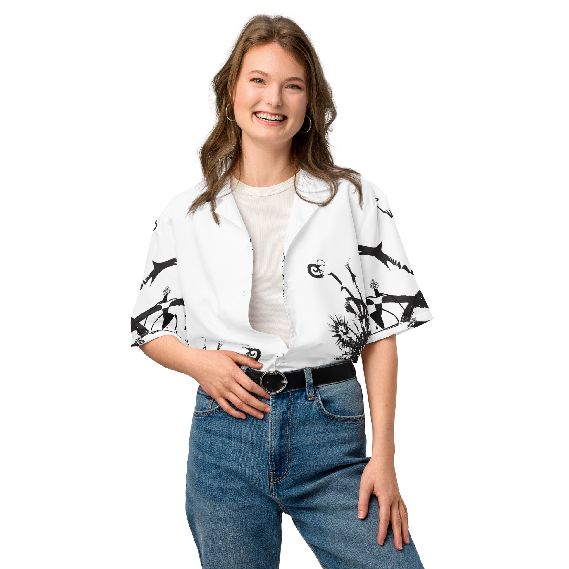 Front view of all-over print unisex button shirt by K.L.O.E featuring black hand-drawn, culturally inspired artwork across the front and sleeves—expressing individuality, transformation, and artistic symbolism through abstract design.