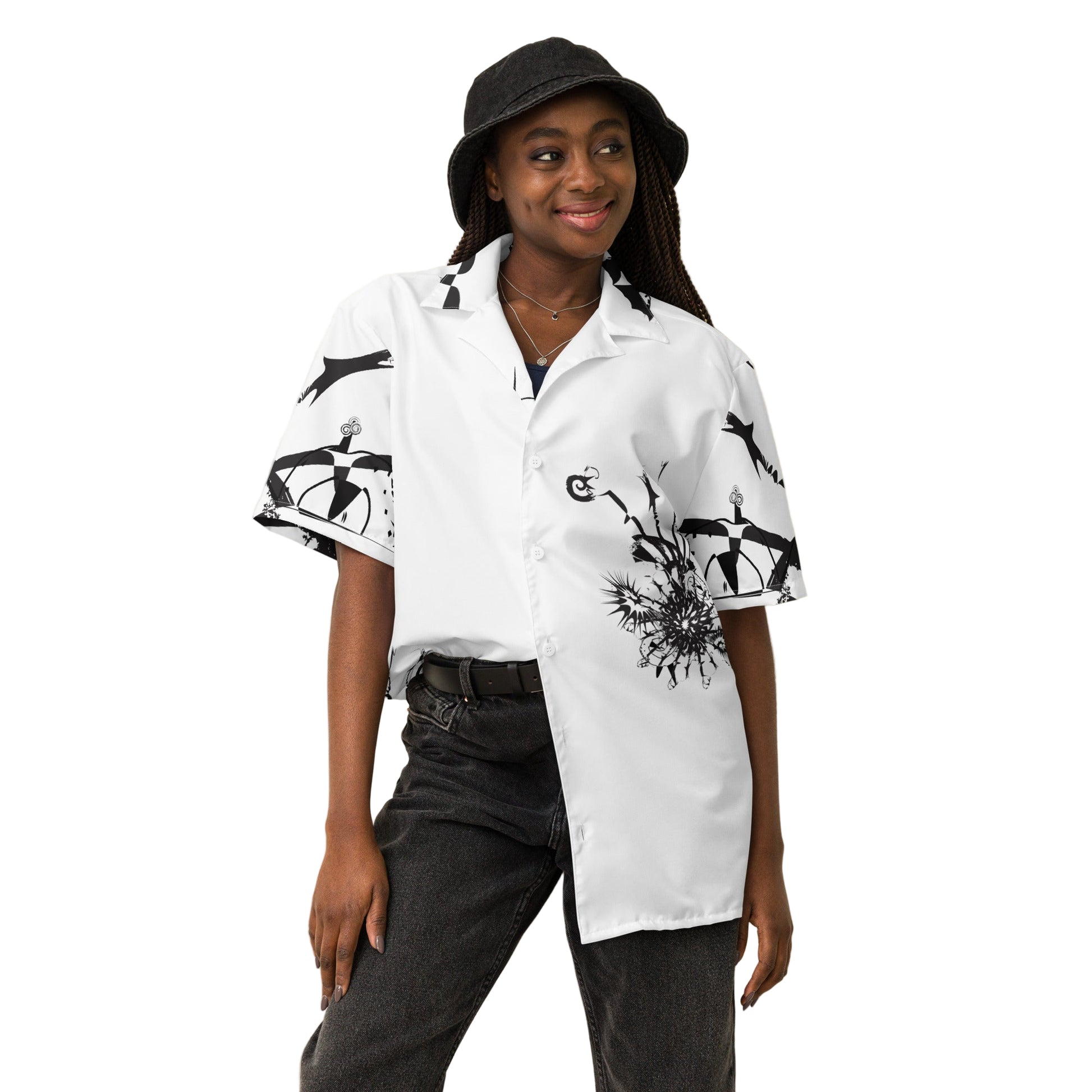 Front view of all-over print unisex button shirt by K.L.O.E featuring black hand-drawn, culturally inspired artwork across the front and sleeves—expressing individuality, transformation, and artistic symbolism through abstract design.