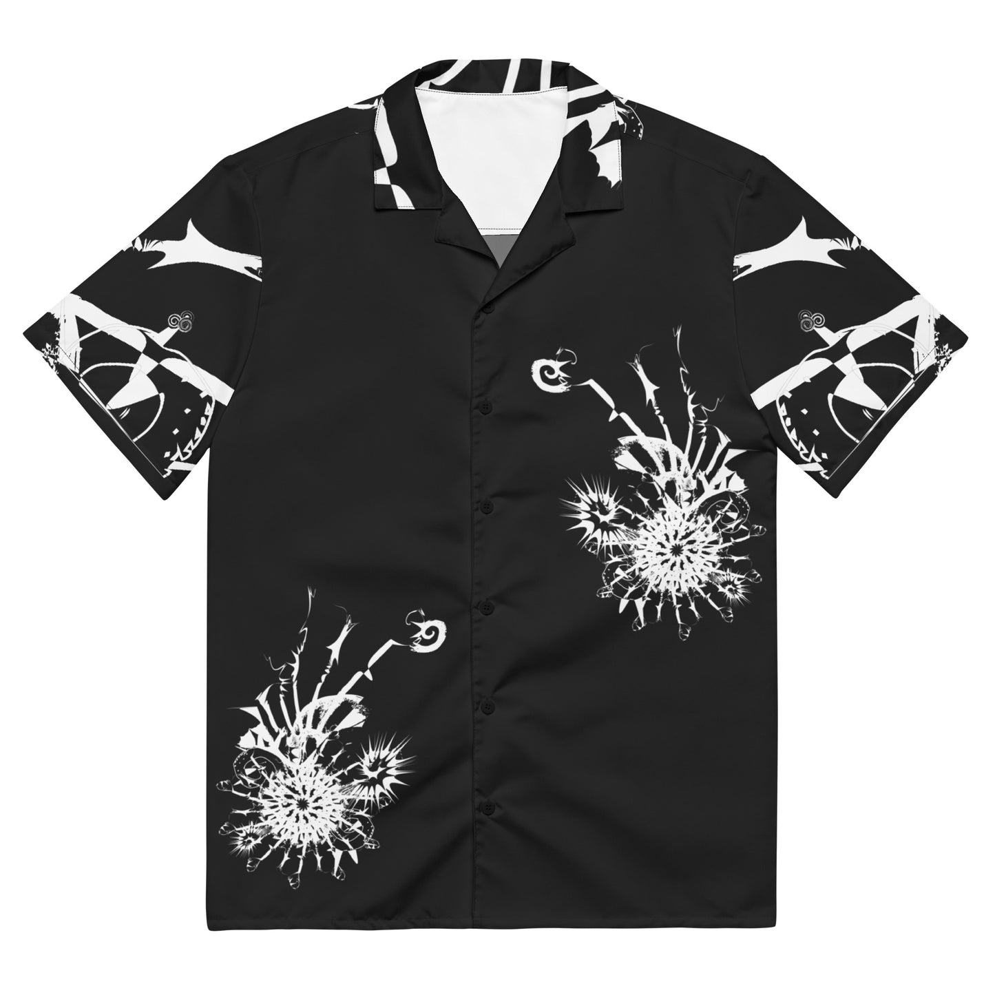 Front view of all-over print unisex button shirt by K.L.O.E featuring white hand-drawn, culturally inspired artwork across the front and sleeves—expressing individuality, transformation, and artistic symbolism through abstract design.