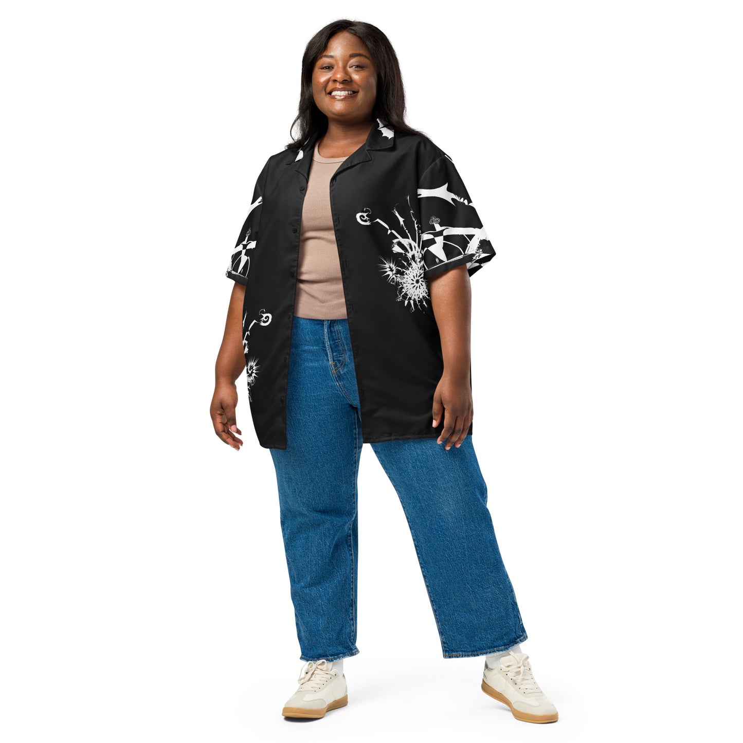 Front view of all-over print unisex button shirt by K.L.O.E featuring white hand-drawn, culturally inspired artwork across the front and sleeves—expressing individuality, transformation, and artistic symbolism through abstract design.