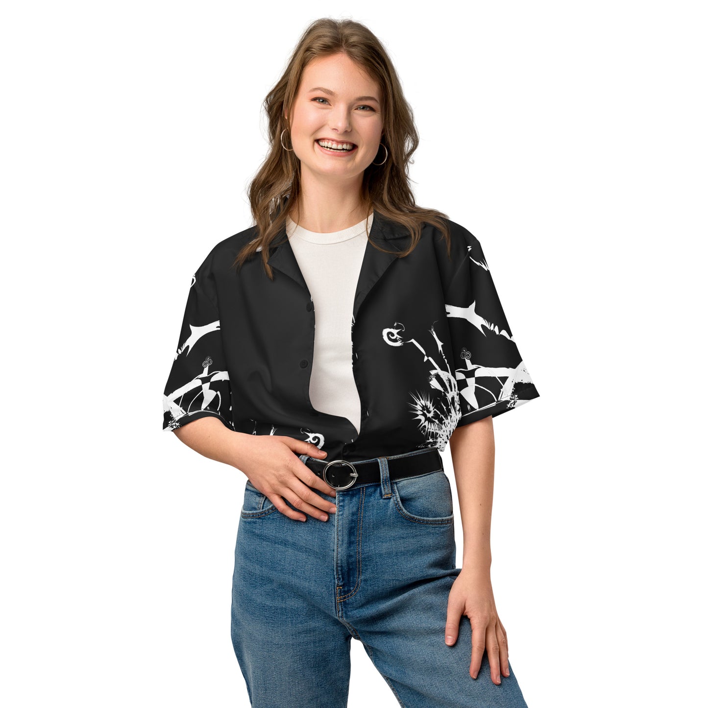 Front view of all-over print unisex button shirt by K.L.O.E featuring white hand-drawn, culturally inspired artwork across the front and sleeves—expressing individuality, transformation, and artistic symbolism through abstract design.