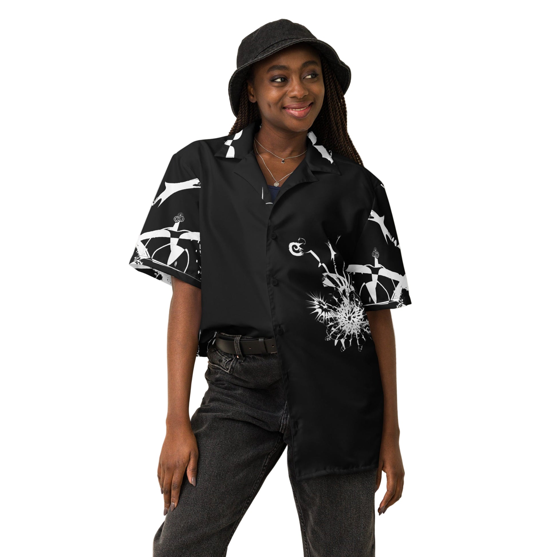 Front view of all-over print unisex button shirt by K.L.O.E featuring white hand-drawn, culturally inspired artwork across the front and sleeves—expressing individuality, transformation, and artistic symbolism through abstract design.