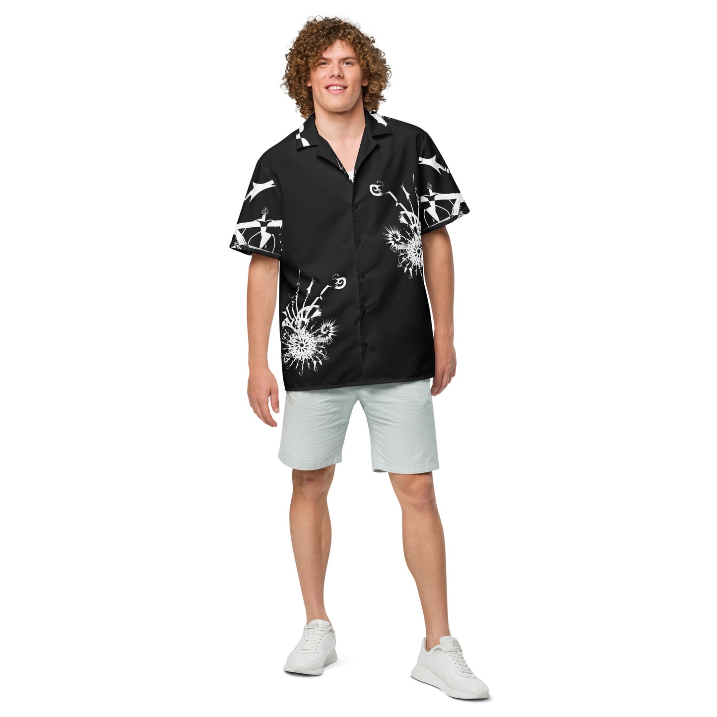 Front view of all-over print unisex button shirt by K.L.O.E featuring white hand-drawn, culturally inspired artwork across the front and sleeves—expressing individuality, transformation, and artistic symbolism through abstract design.