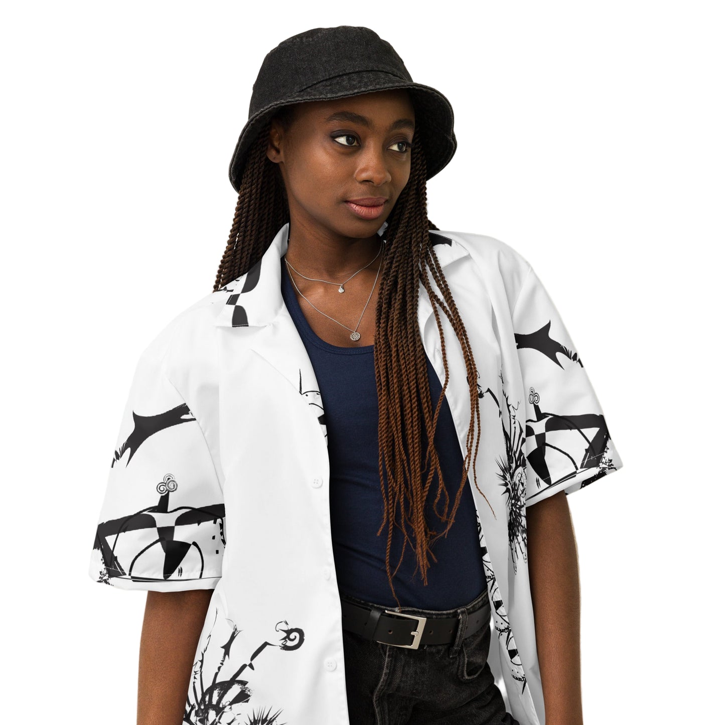 Front view of all-over print unisex button shirt by K.L.O.E featuring black hand-drawn, culturally inspired artwork across the front and sleeves—expressing individuality, transformation, and artistic symbolism through abstract design.