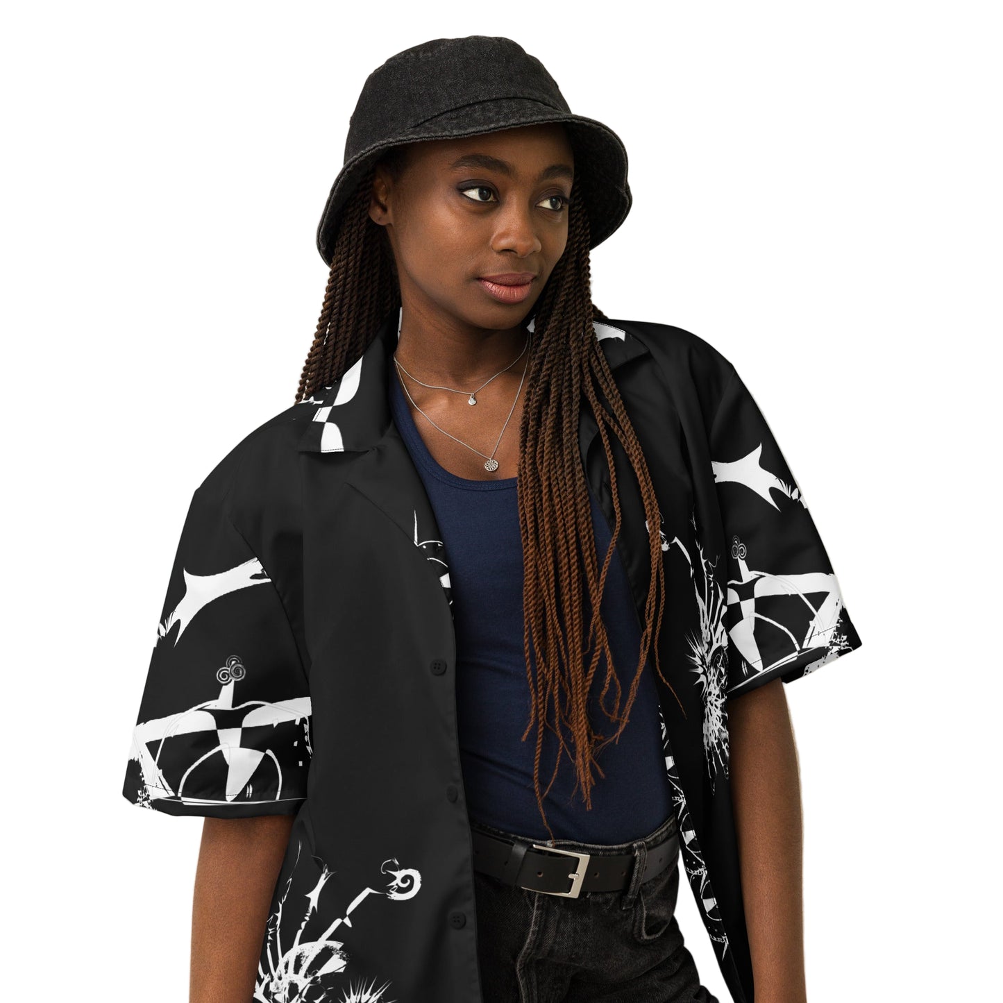 Front view of all-over print unisex button shirt by K.L.O.E featuring white hand-drawn, culturally inspired artwork across the front and sleeves—expressing individuality, transformation, and artistic symbolism through abstract design.