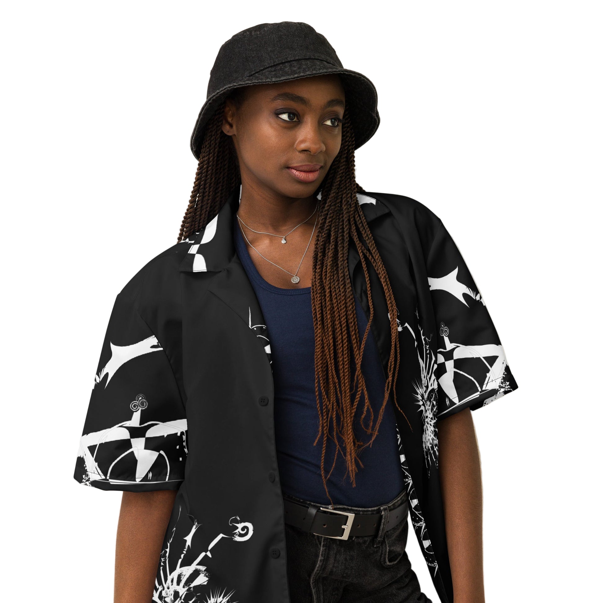 Front view of all-over print unisex button shirt by K.L.O.E featuring white hand-drawn, culturally inspired artwork across the front and sleeves—expressing individuality, transformation, and artistic symbolism through abstract design.