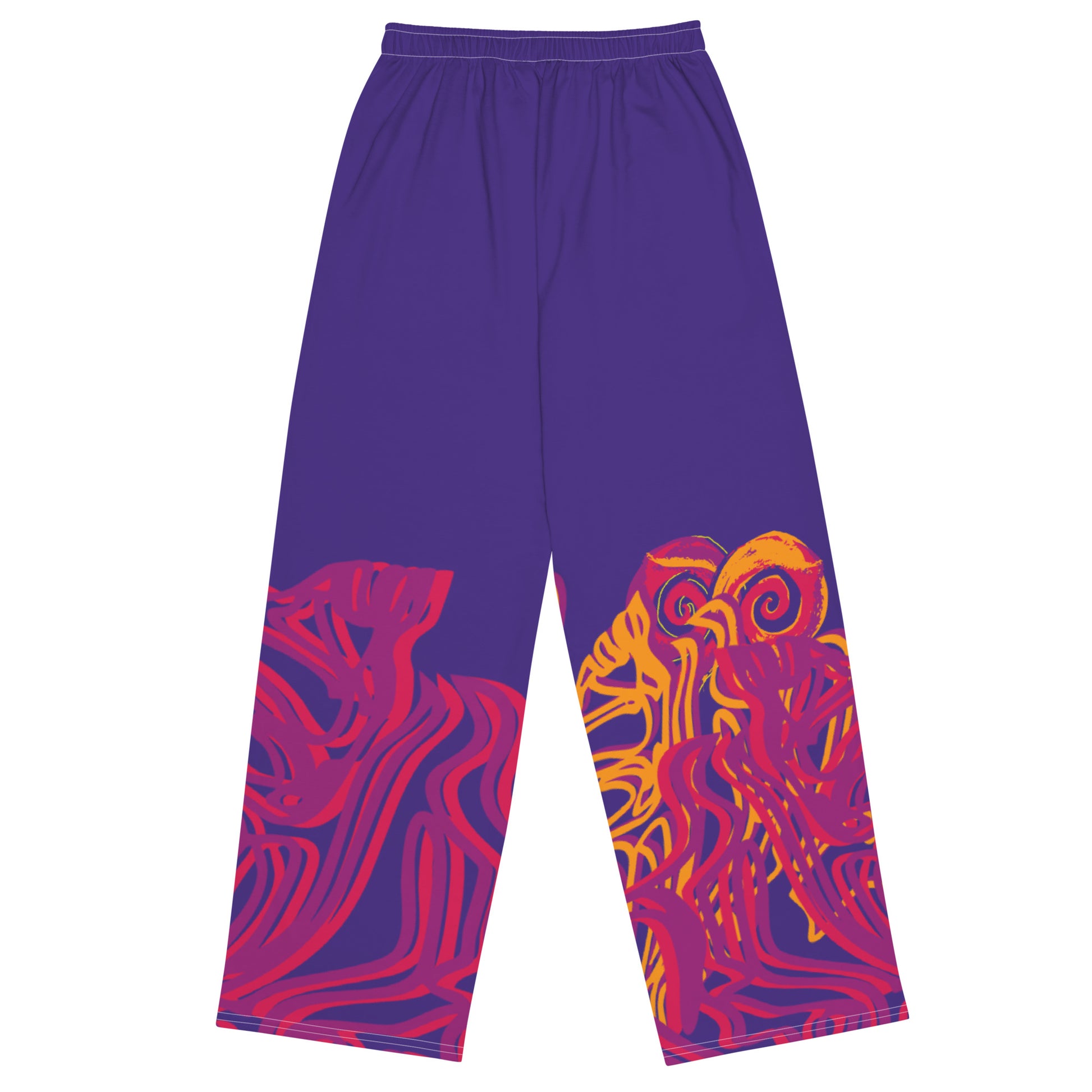 Bold purple wide-leg pants with vibrant orange and red culturally inspired patterns, featuring abstract swirling designs — expressive fashion from KLOE’s The Secret Chambers of I & I collection.