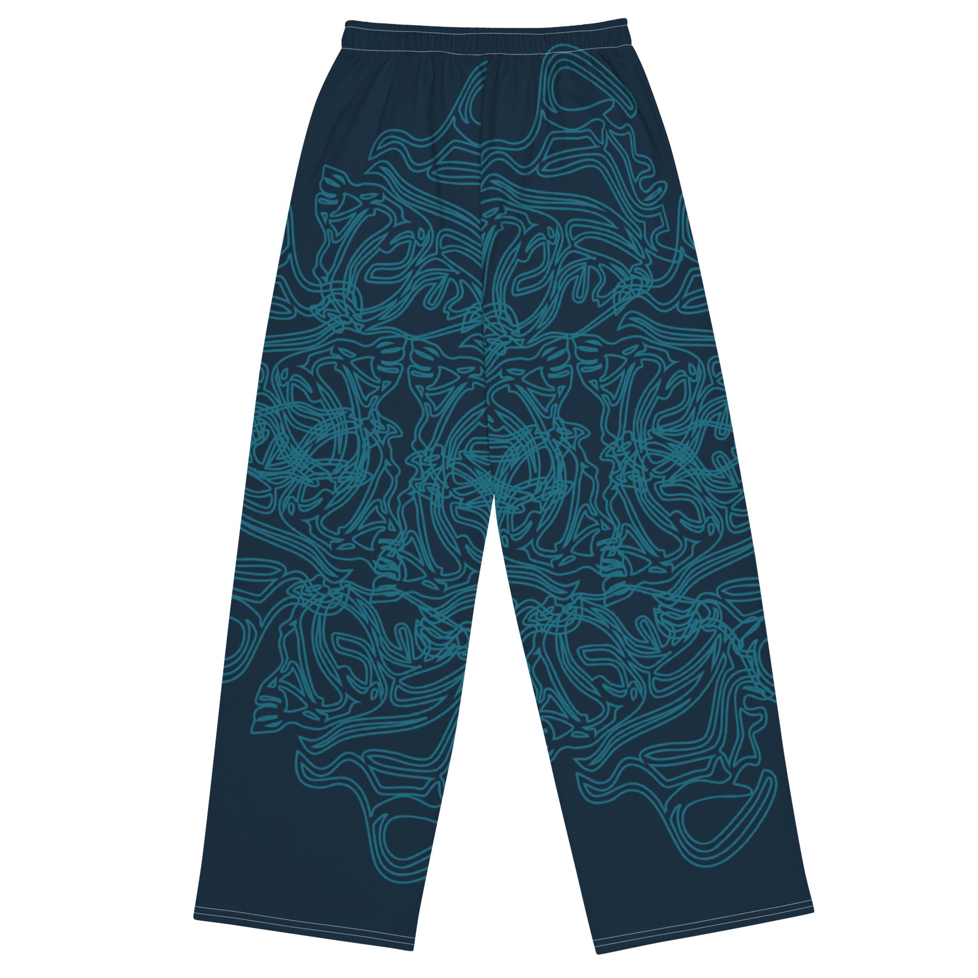 Navy blue wide-leg pants featuring intricate cyan linework, creating a fluid and artistic pattern for a bold statement look.
