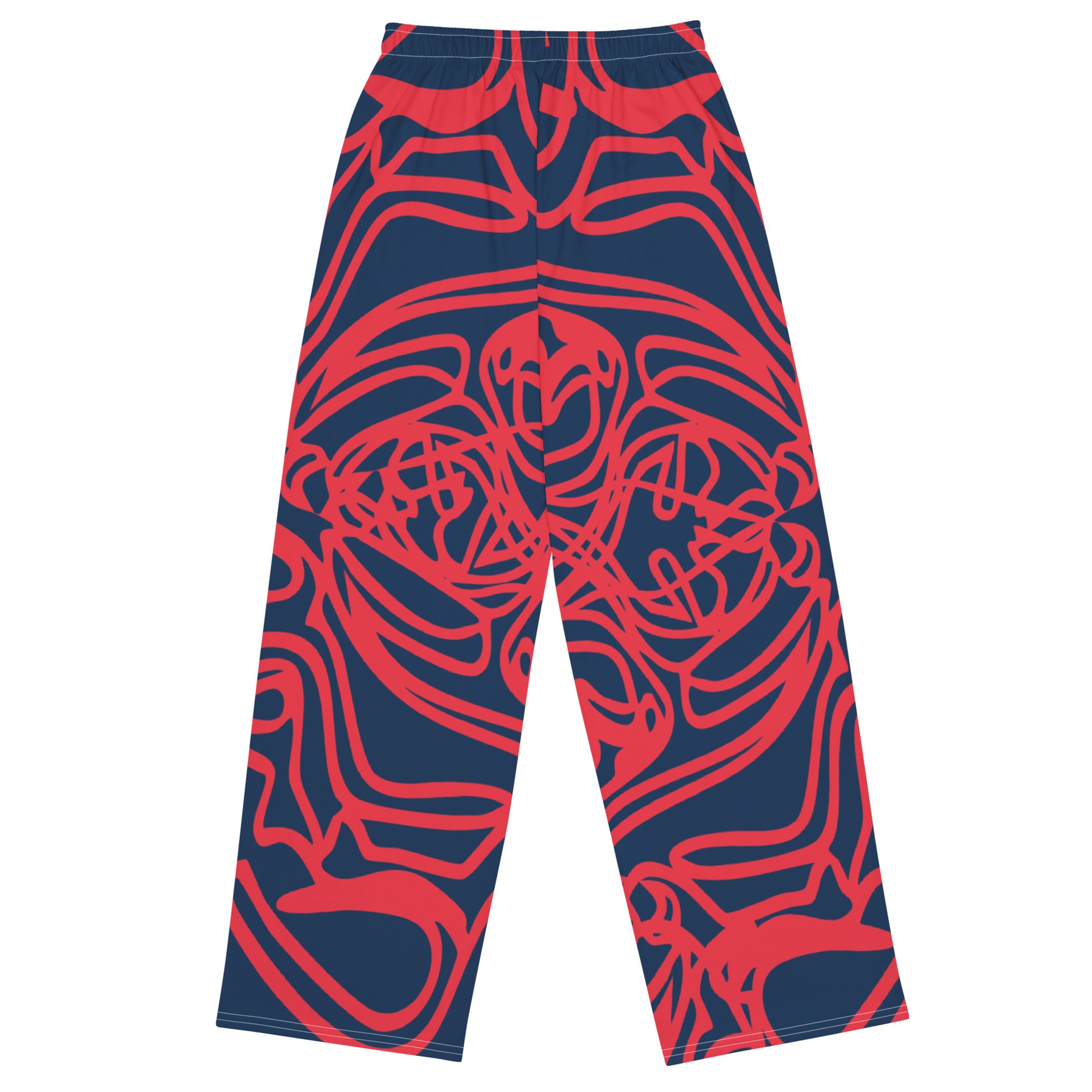 Bold navy and red streetwear pants featuring hand-drawn tribal patterns, culturally inspired and designed for a modern, relaxed fit with an edgy, artistic style – KLOE fashion.