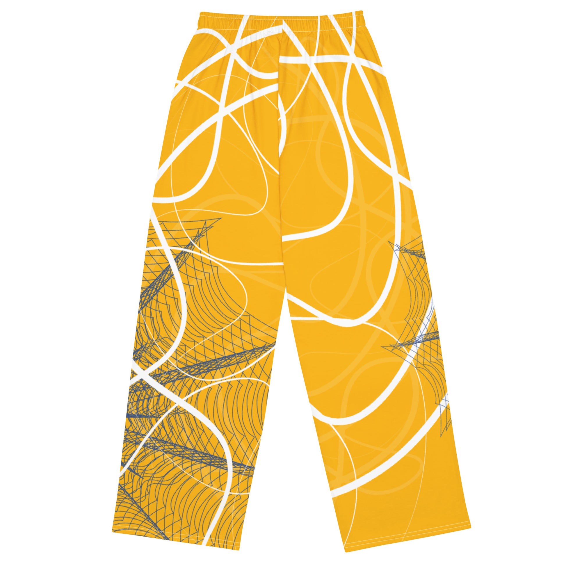 Golden yellow wide-leg pants featuring flowing white abstract line art and navy geometric patterns, merging expressive streetwear style with hand-drawn design from the Secret Chambers of I and I collection.